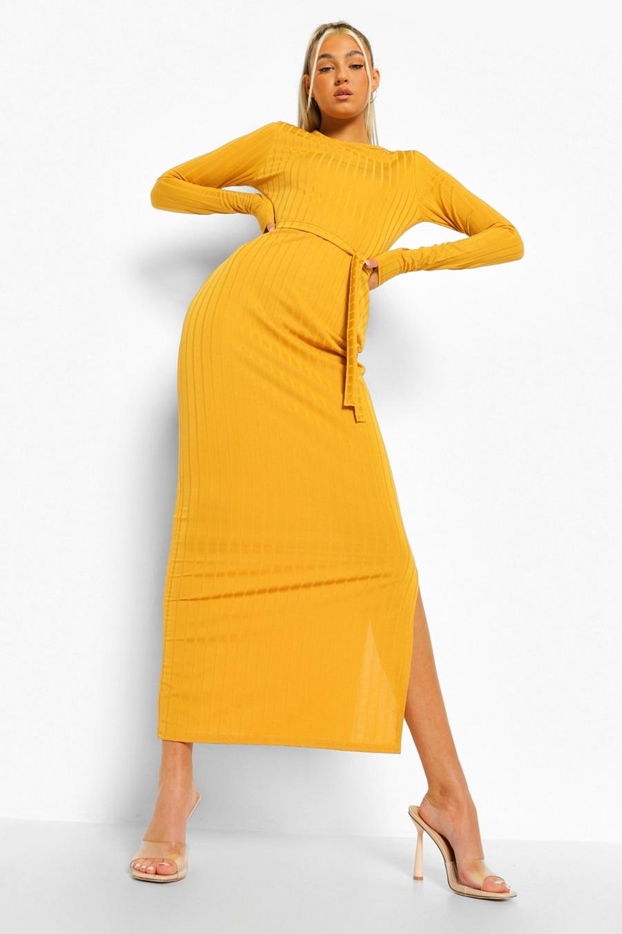 Mustard Tall Rib Long Sleeve Belted Midaxi Dress image number 1