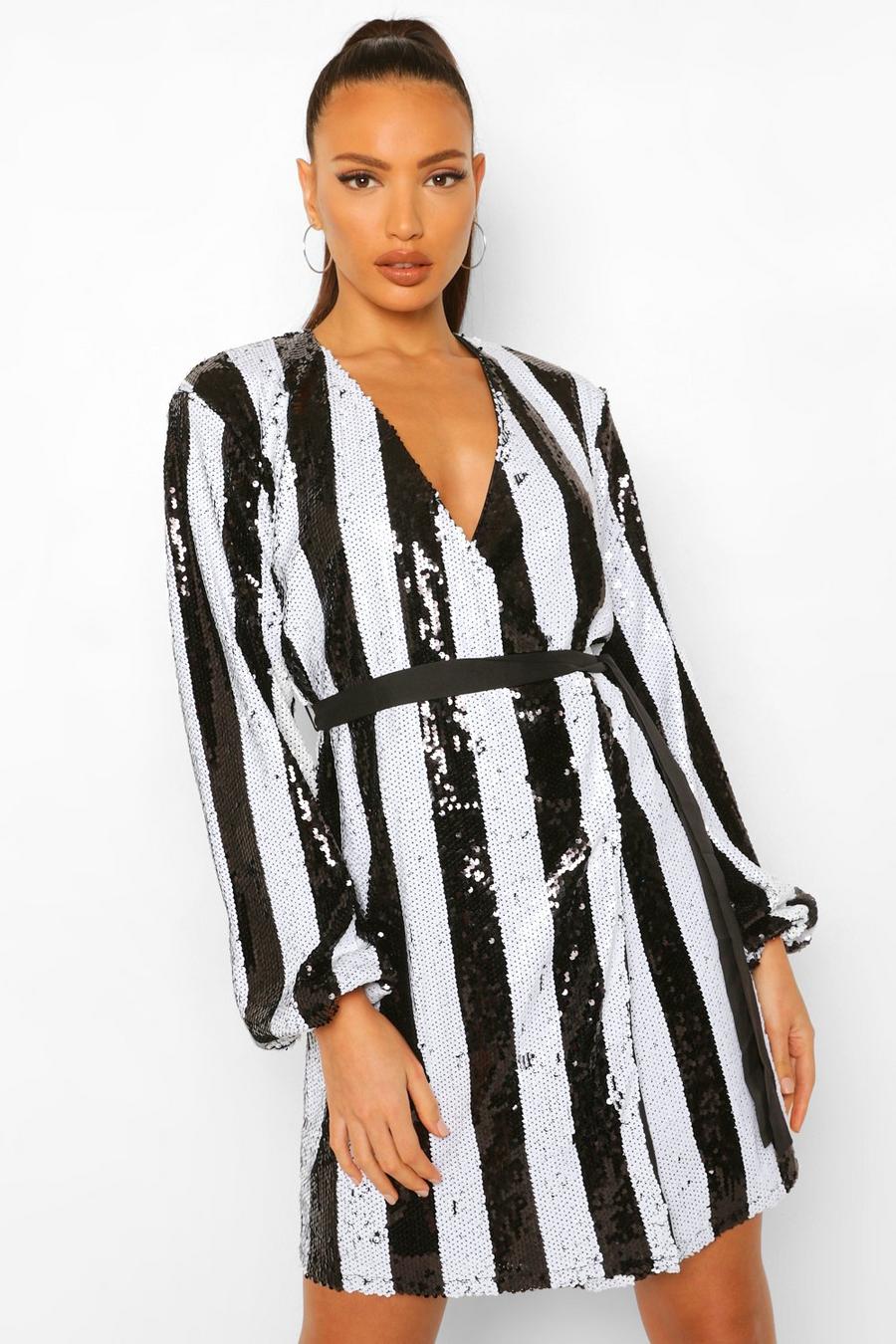 Black Tall Stripe Sequin Wrap Belted Mini Dress image number 1
