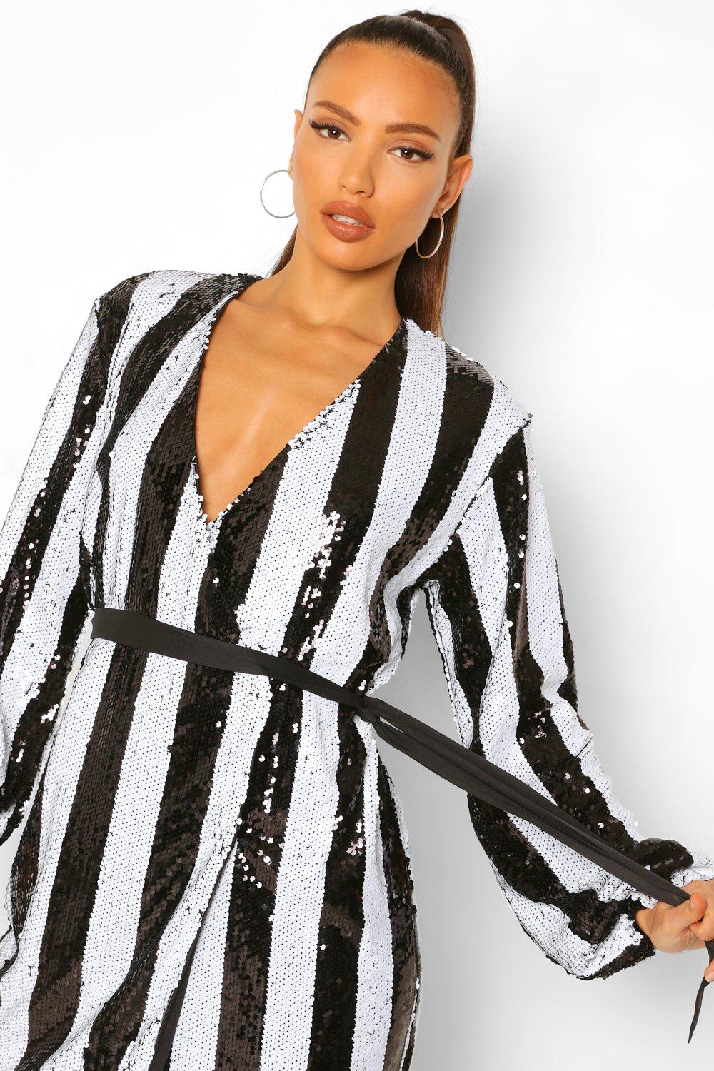 Black and white 2024 striped sequin dress