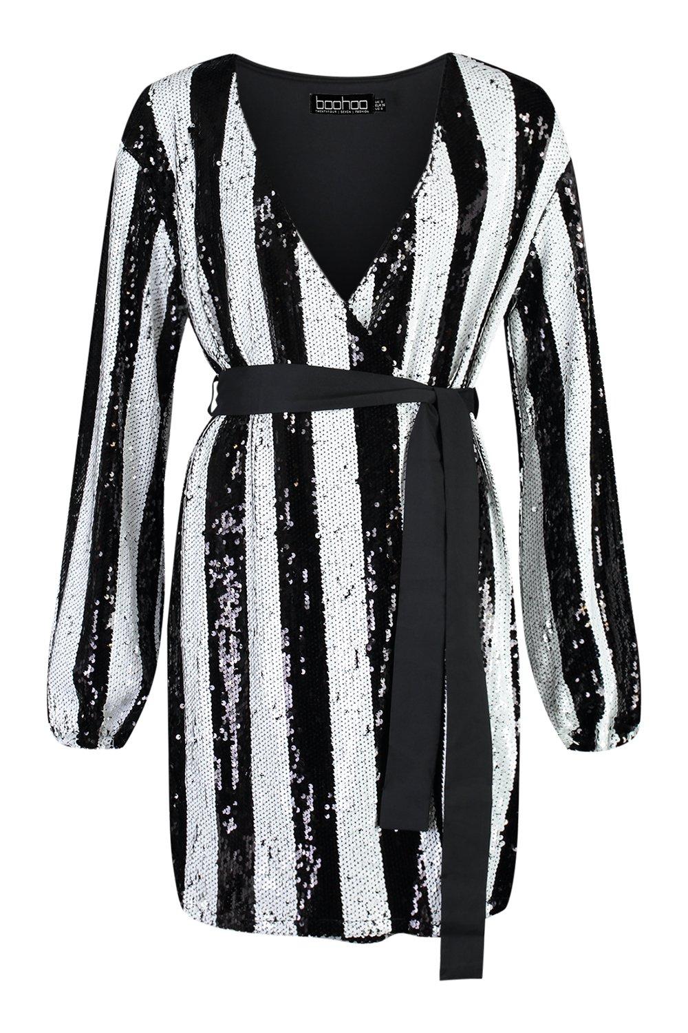 Women s Tall Stripe Sequin Wrap Belted Mini Dress Boohoo UK