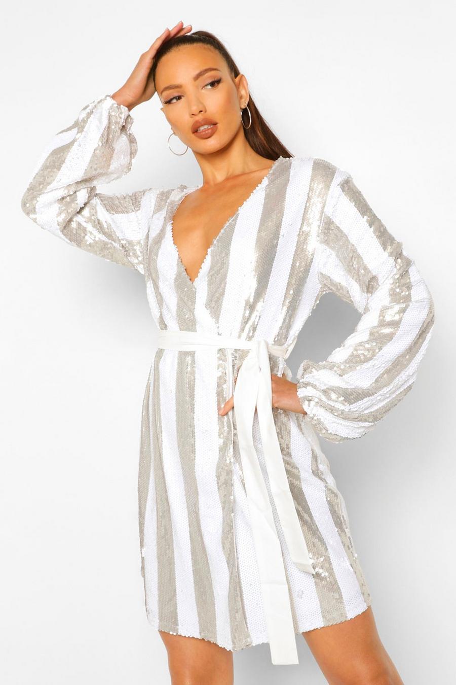 Silver Tall Stripe Sequin Wrap Belted Mini Dress