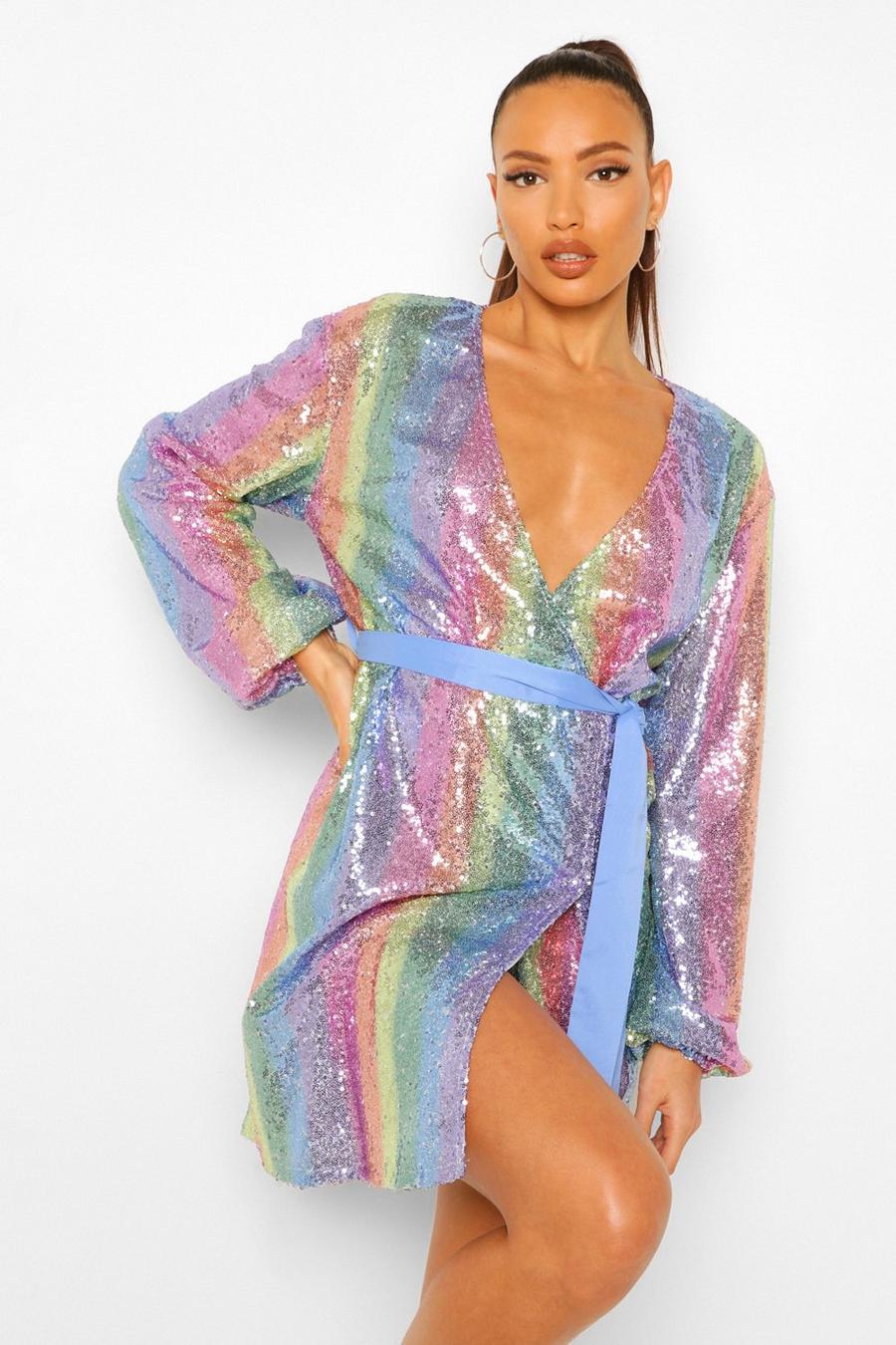 Tall Rainbow Striped Sequin Wrap Belted Mini Dress | boohoo
