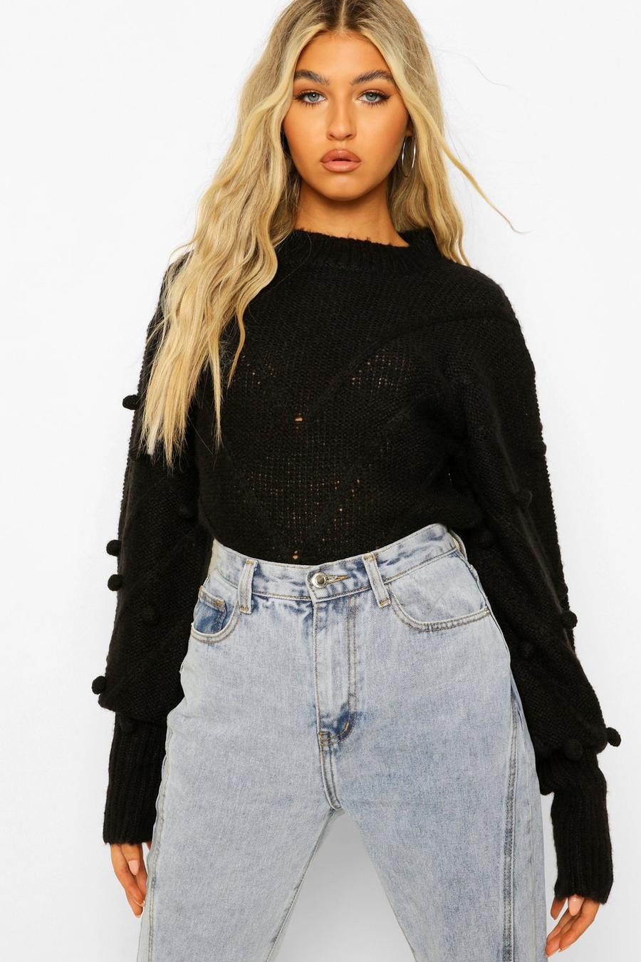 Black Tall Knitted High Neck Pom Pom Sweater image number 1