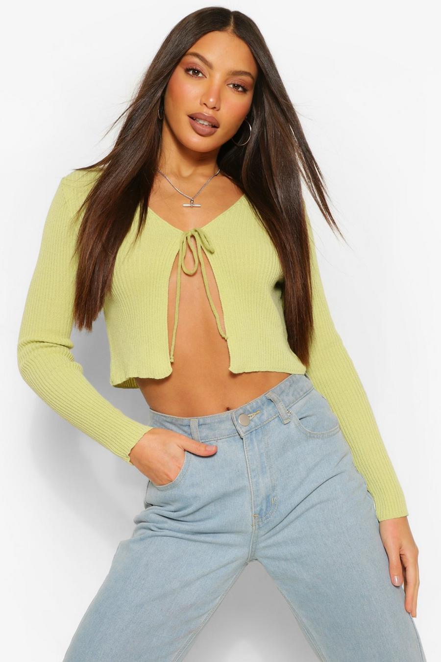 Lime Tall Tie Cropped Knitted Cardigan image number 1