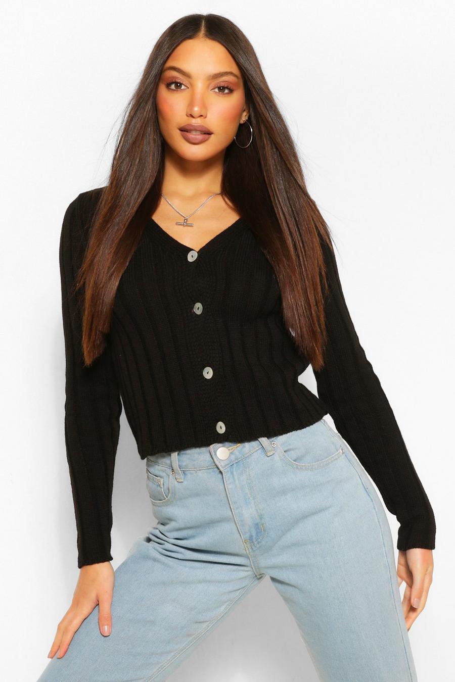 Black Tall Chenille Button Knit Crop Cardigan image number 1