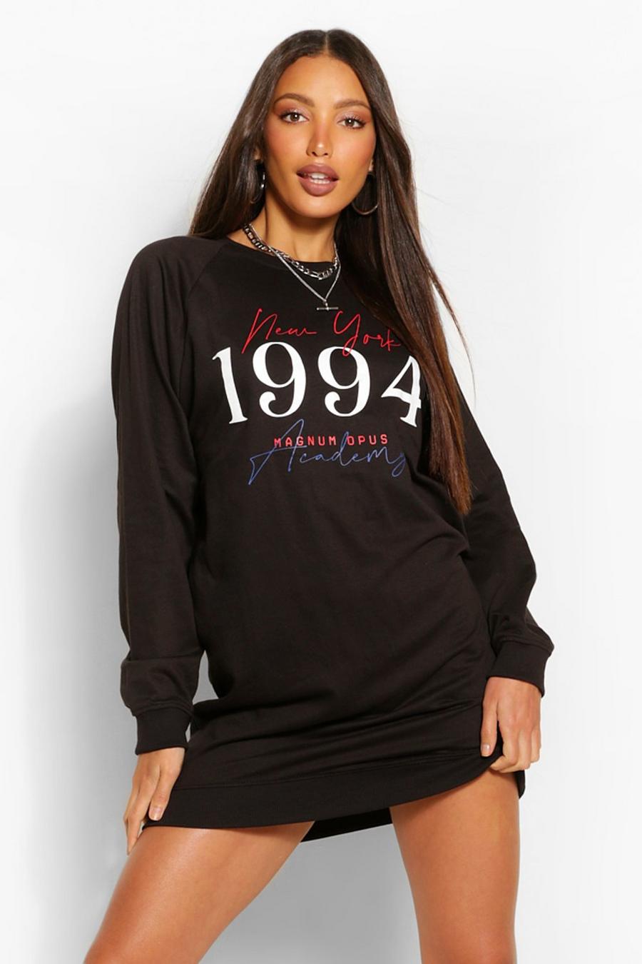 Vestido estilo suéter ancho con eslogan "New York 1994" Alta, Negro image number 1
