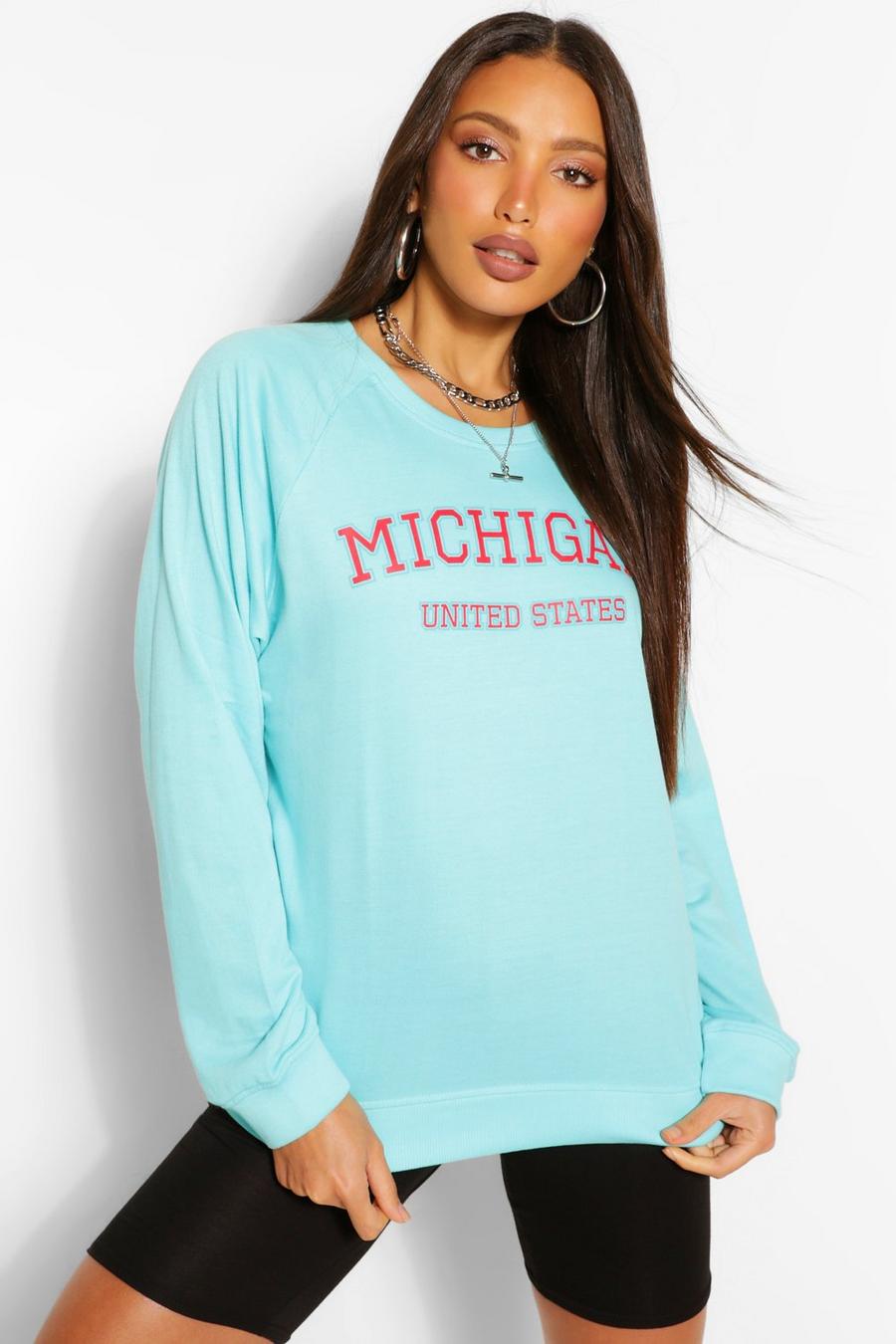 Suéter lavado con eslogan "Michigan" Alta, Turquesa image number 1
