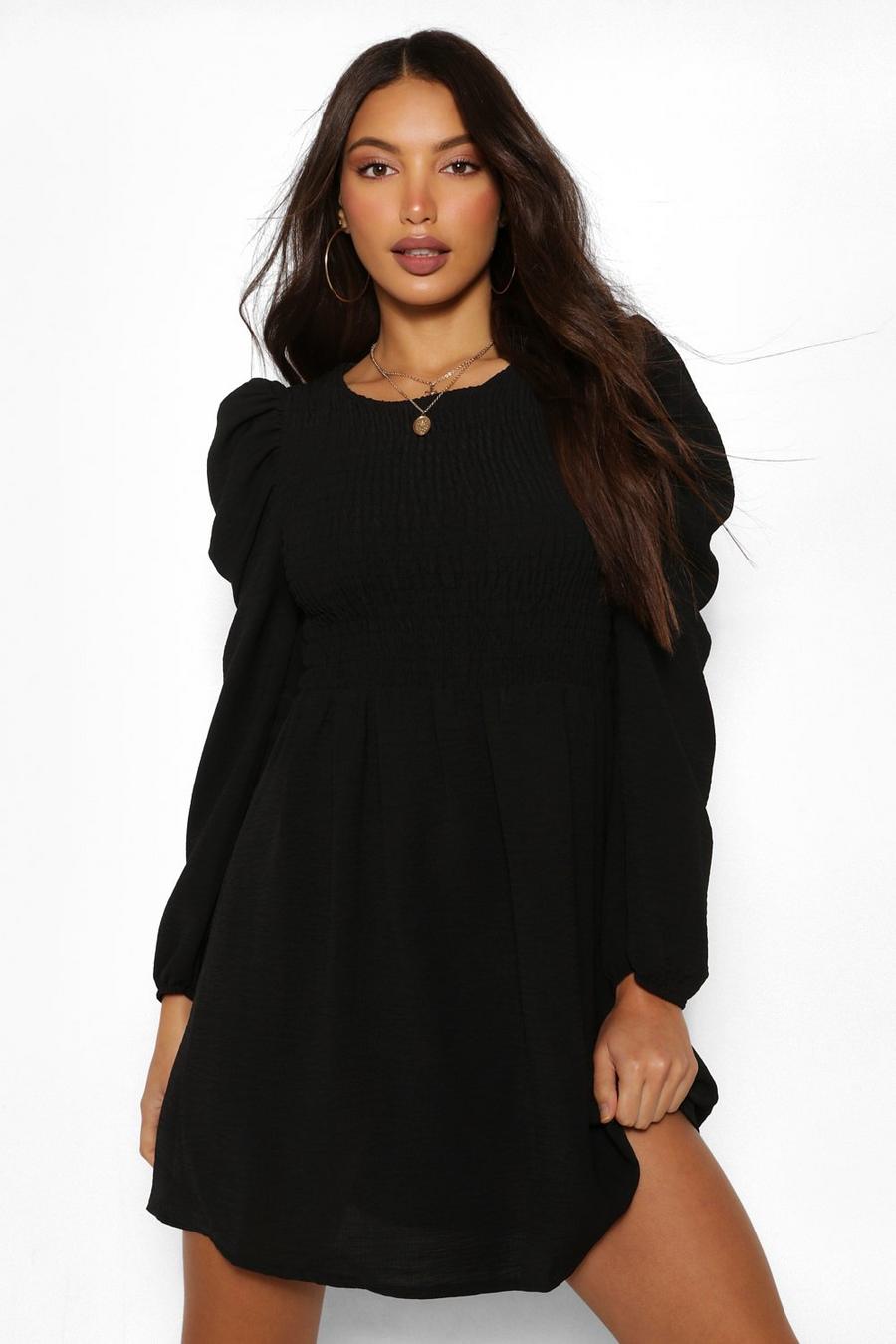 Black Tall Woven Shirred Puff Sleeve Dress image number 1