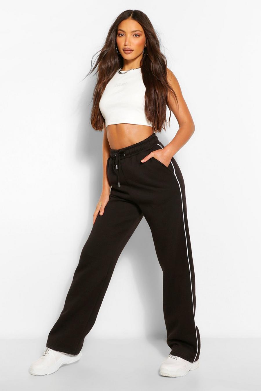 Black Tall Piping Detail Wide Leg Track Pants image number 1