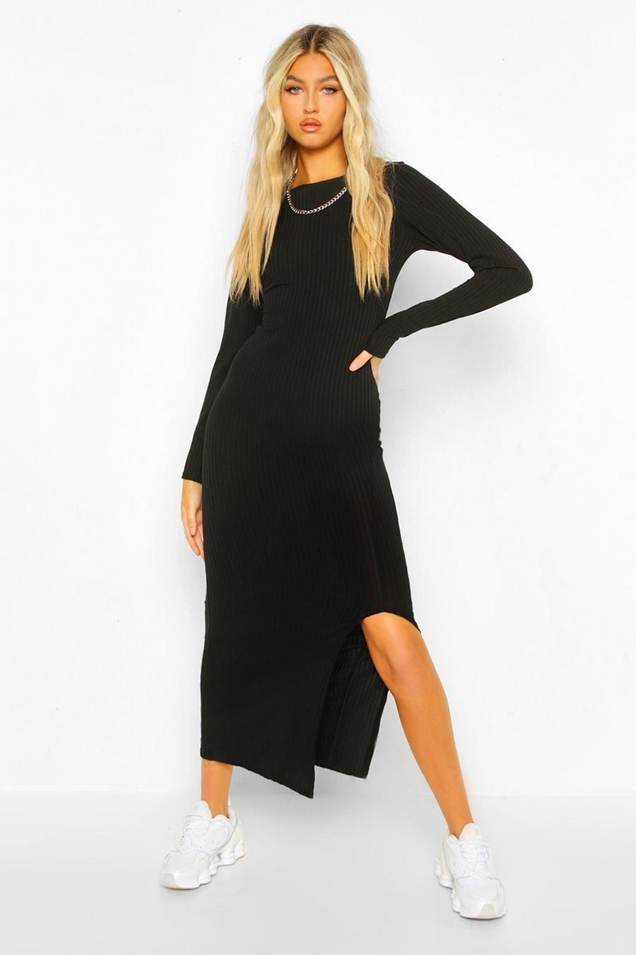 Black Tall Jersey Rib Long Sleeve Side Split Midaxi Dress image number 1