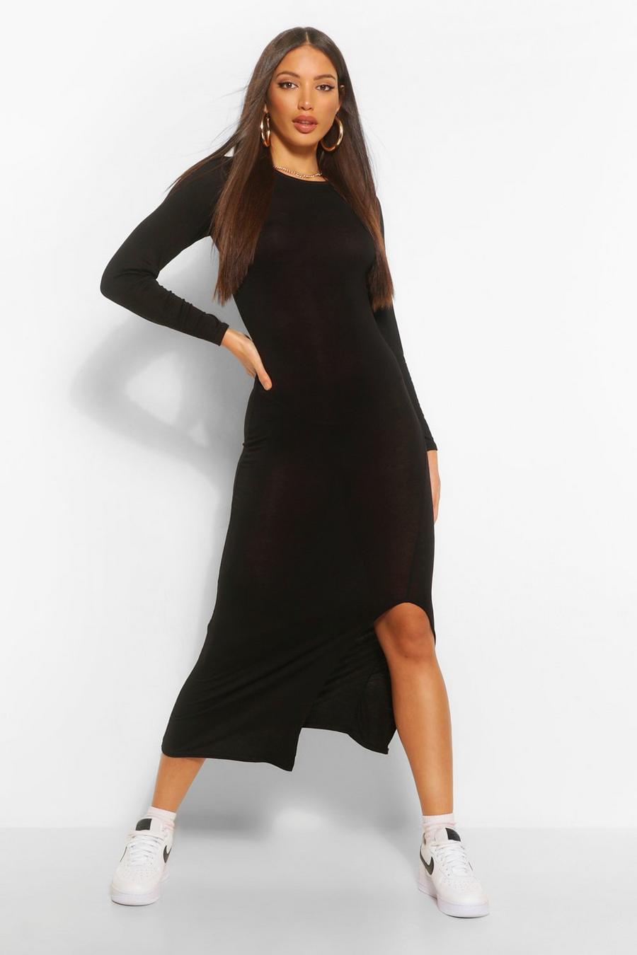 שחור שמלת מידקסי עם שסע בצד ושרוולים ארוכים מבד ג'רסי לנשים גבוהות image number 1