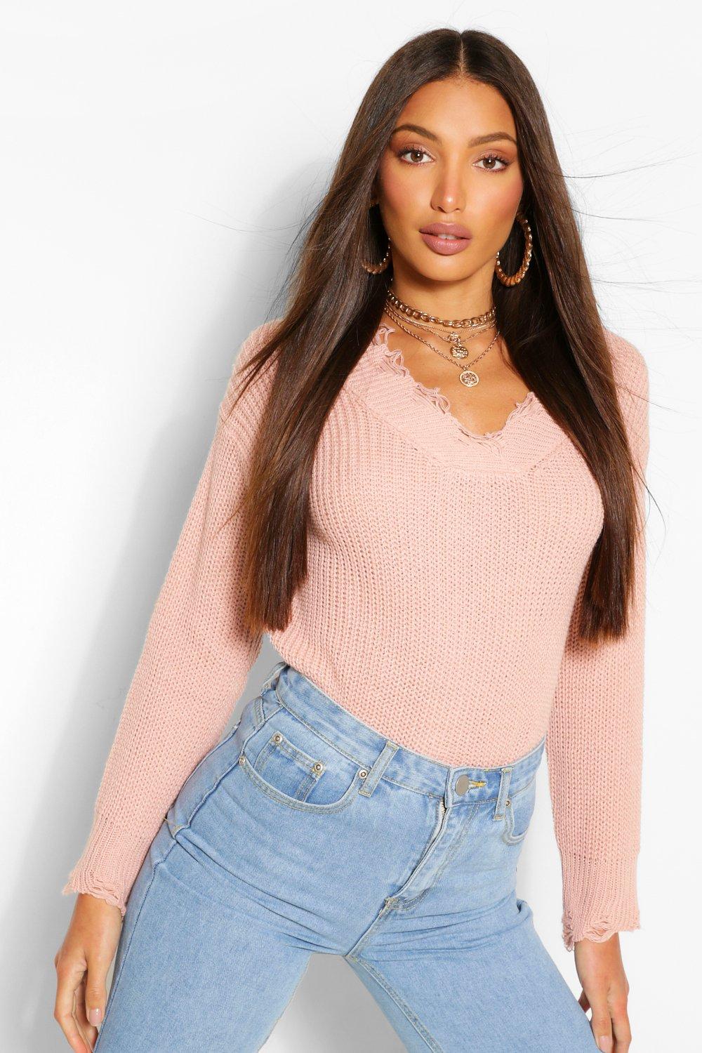 Tall Raw Hem V Neck Knitted Sweater