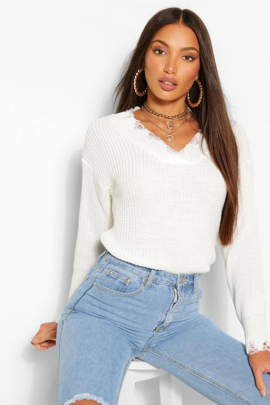 Ivory Tall Raw Hem V Neck Knitted Sweater image number 1