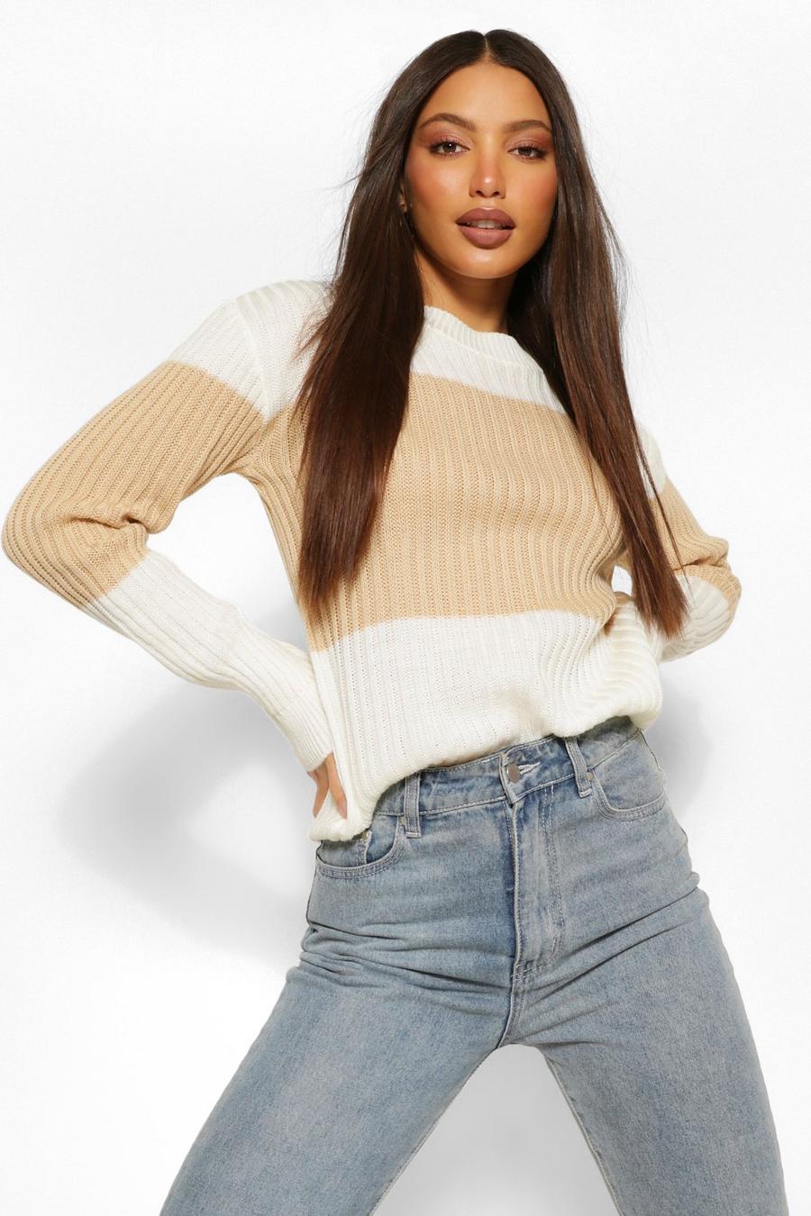 Tan Tall Colour Block Knitted Sweater image number 1