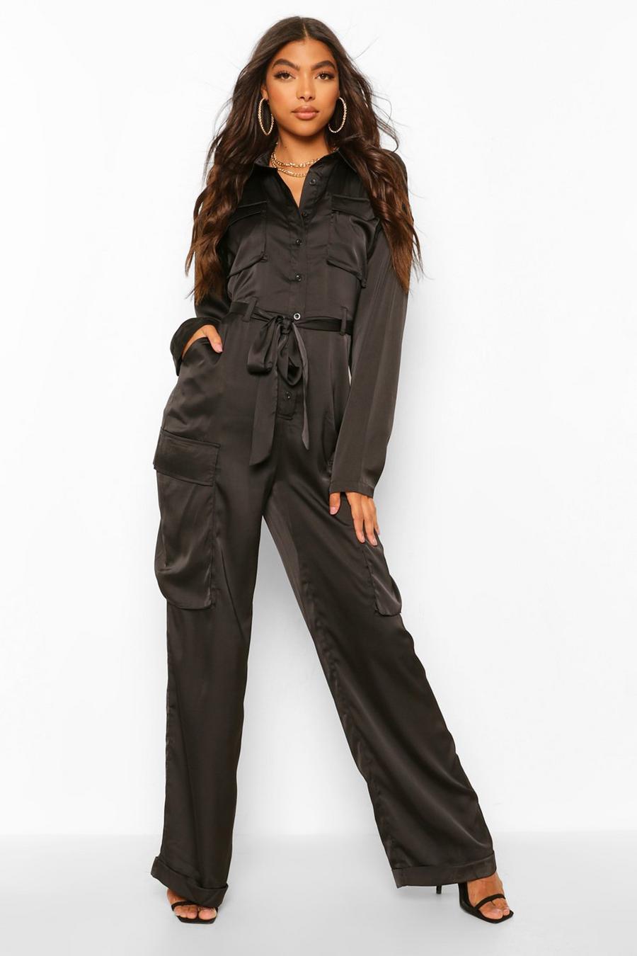 Black Tall Utility Luxe Cargo Jumpsuit image number 1