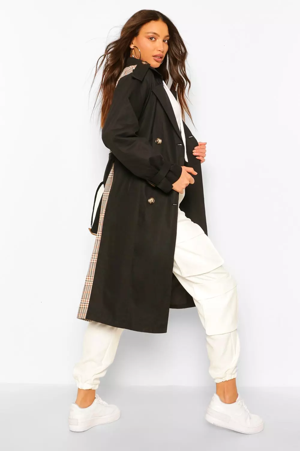 Tall Utility Luxe Contrast Check Print Trench Coat