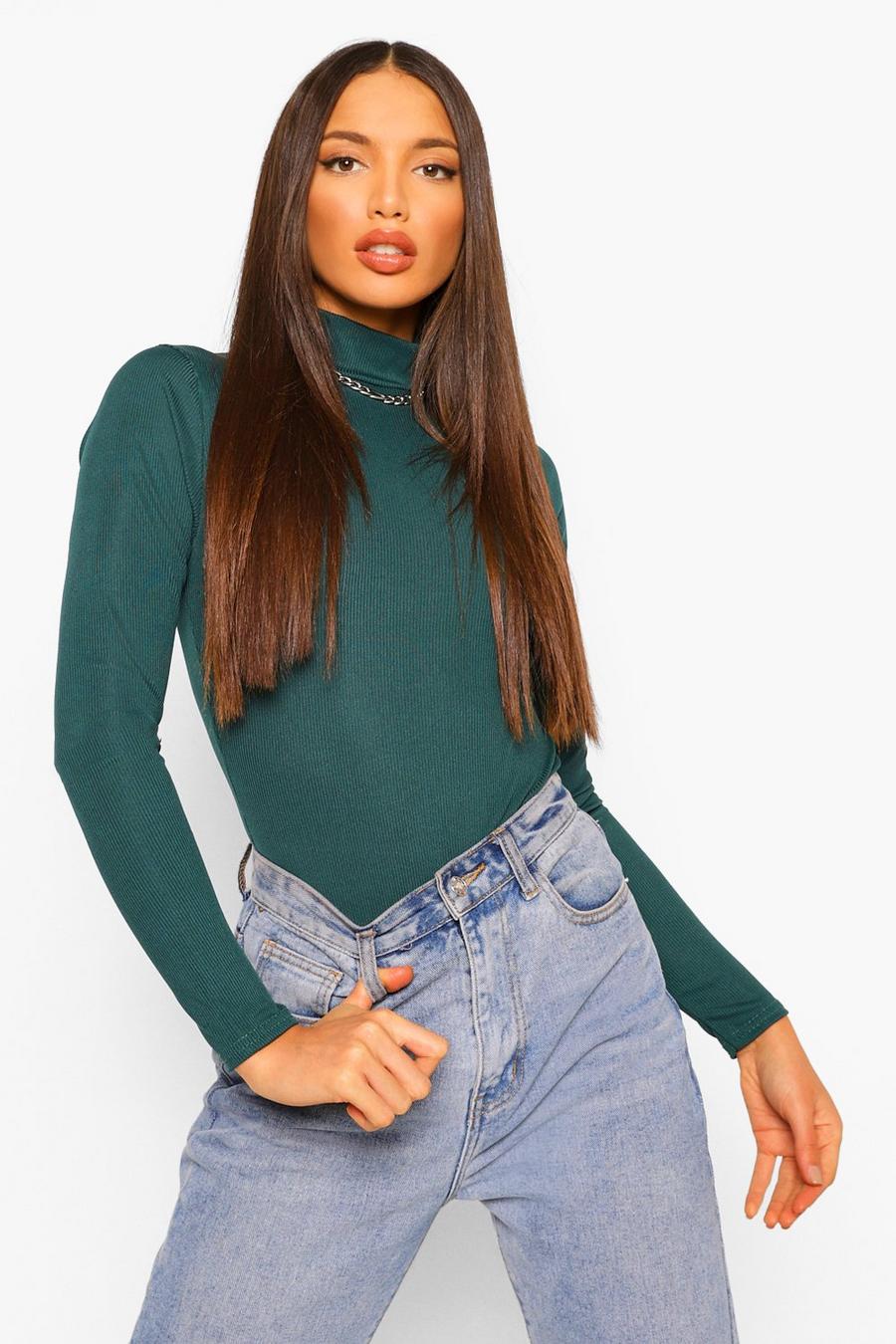 Green Tall Rib Roll Neck Thong Bodysuit image number 1