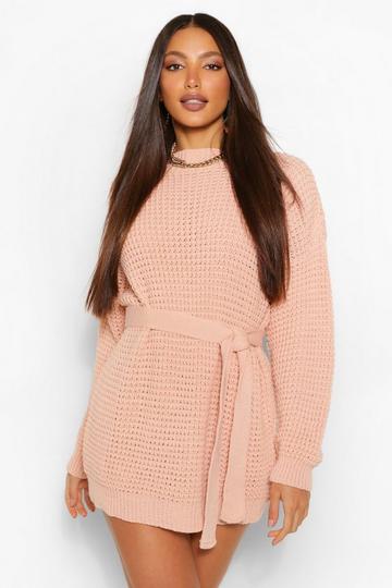 Tall Waffle Knit Belted Sweater Dress blush