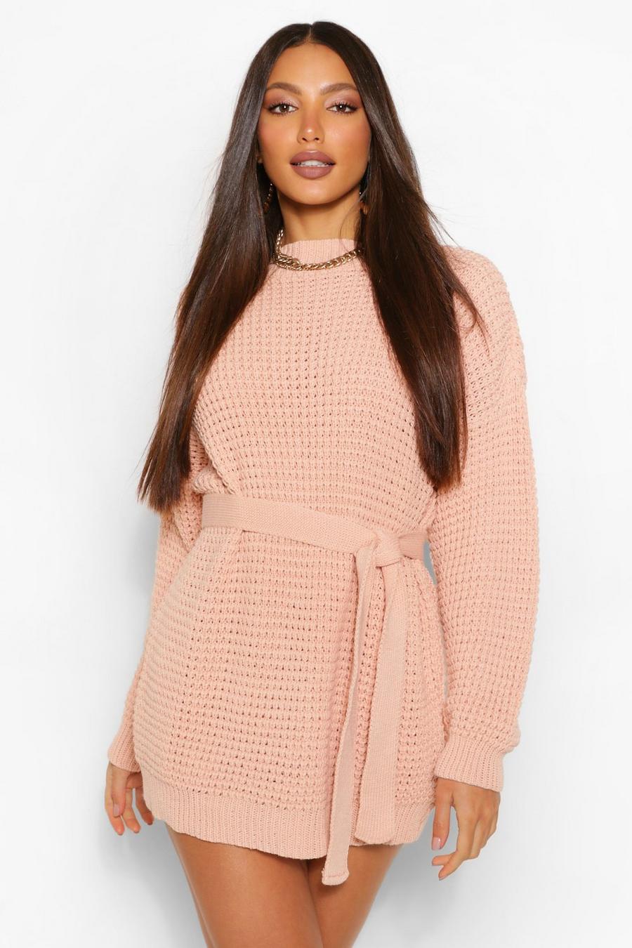 Blush pink Tall Waffle Knit Belted Sweater Dress
