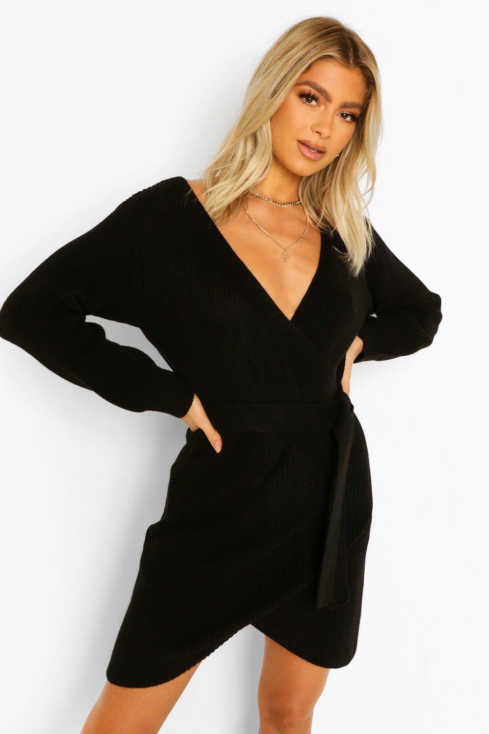 Women's Tall Knitted Wrap Off The Shoulder Belted Dress | Boohoo UK