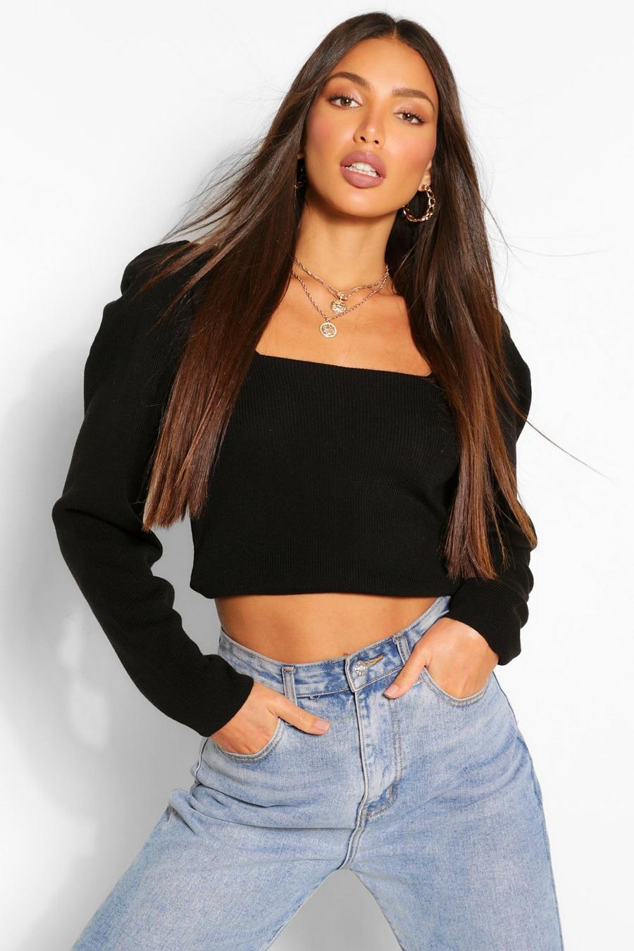 Black Tall Puff Sleeve Knitted Crop Top image number 1