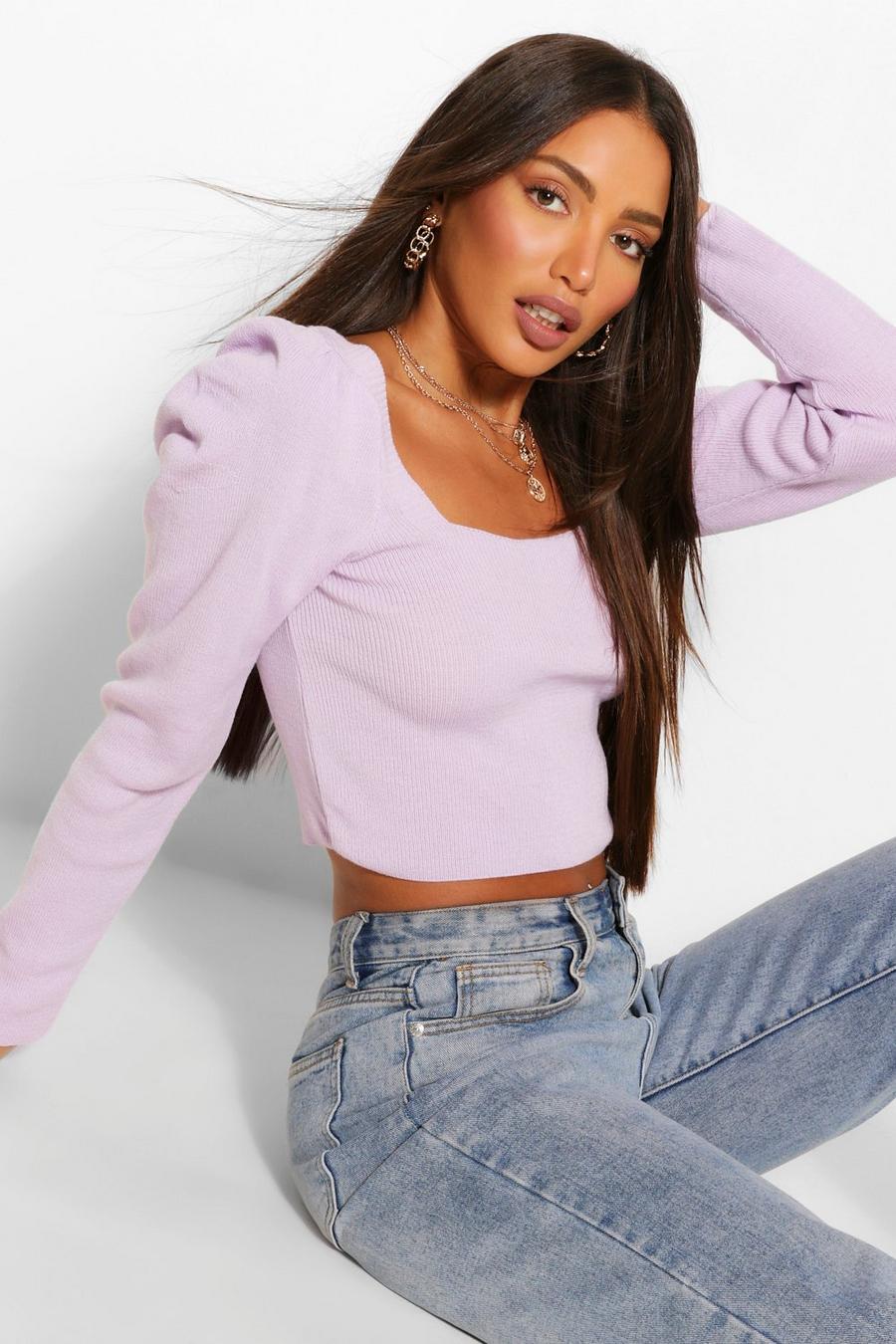 Lilac Tall Puff Sleeve Knitted Crop Top image number 1