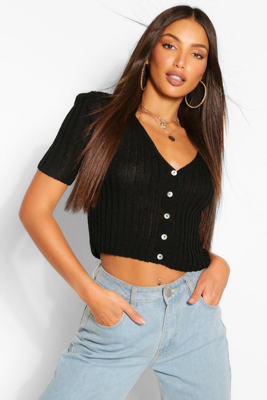 Black Tall Knitted Crop Button Through Cardigan image number 1