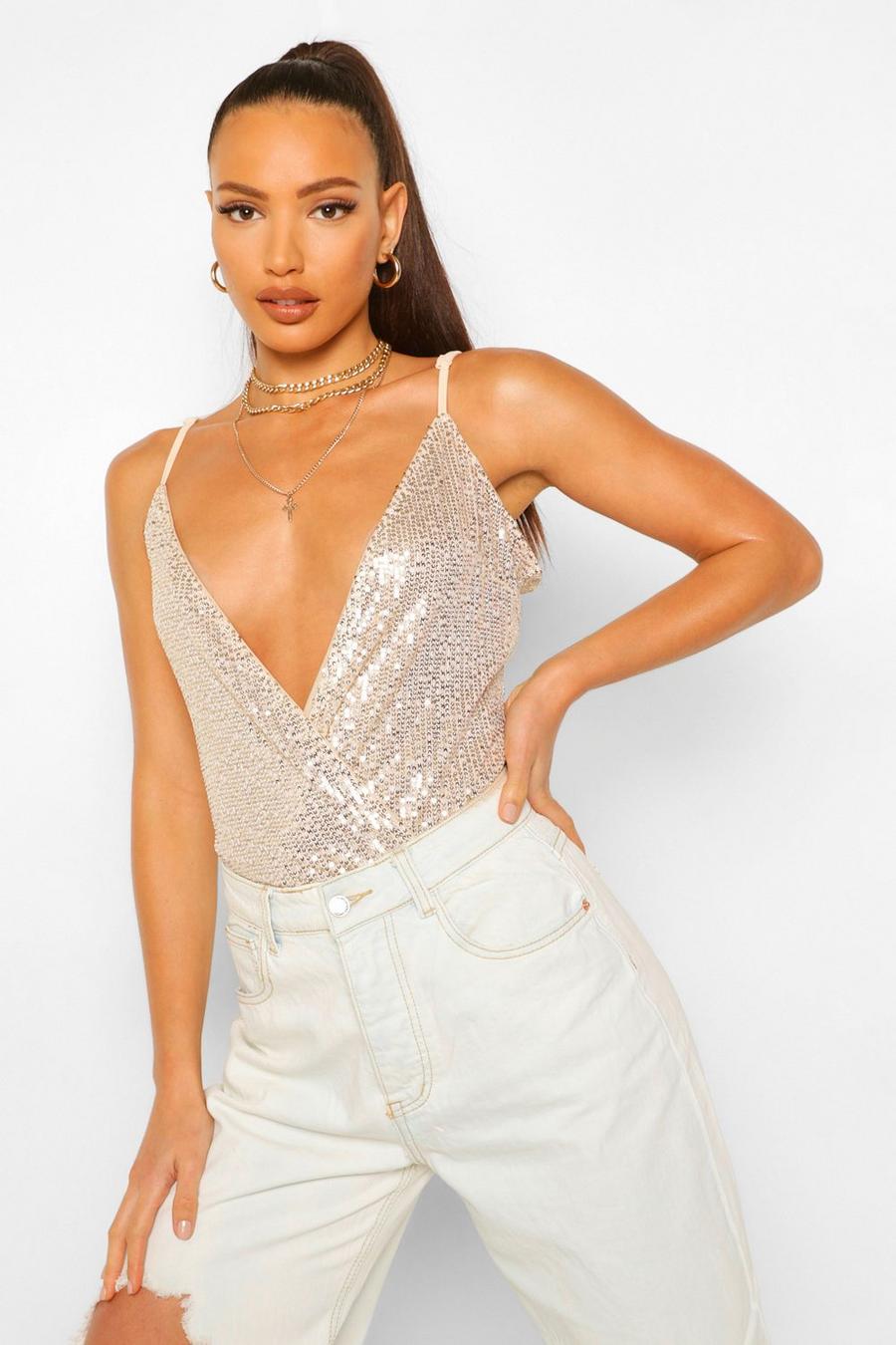 Gold Tall Sequin Wrap Bodysuit image number 1