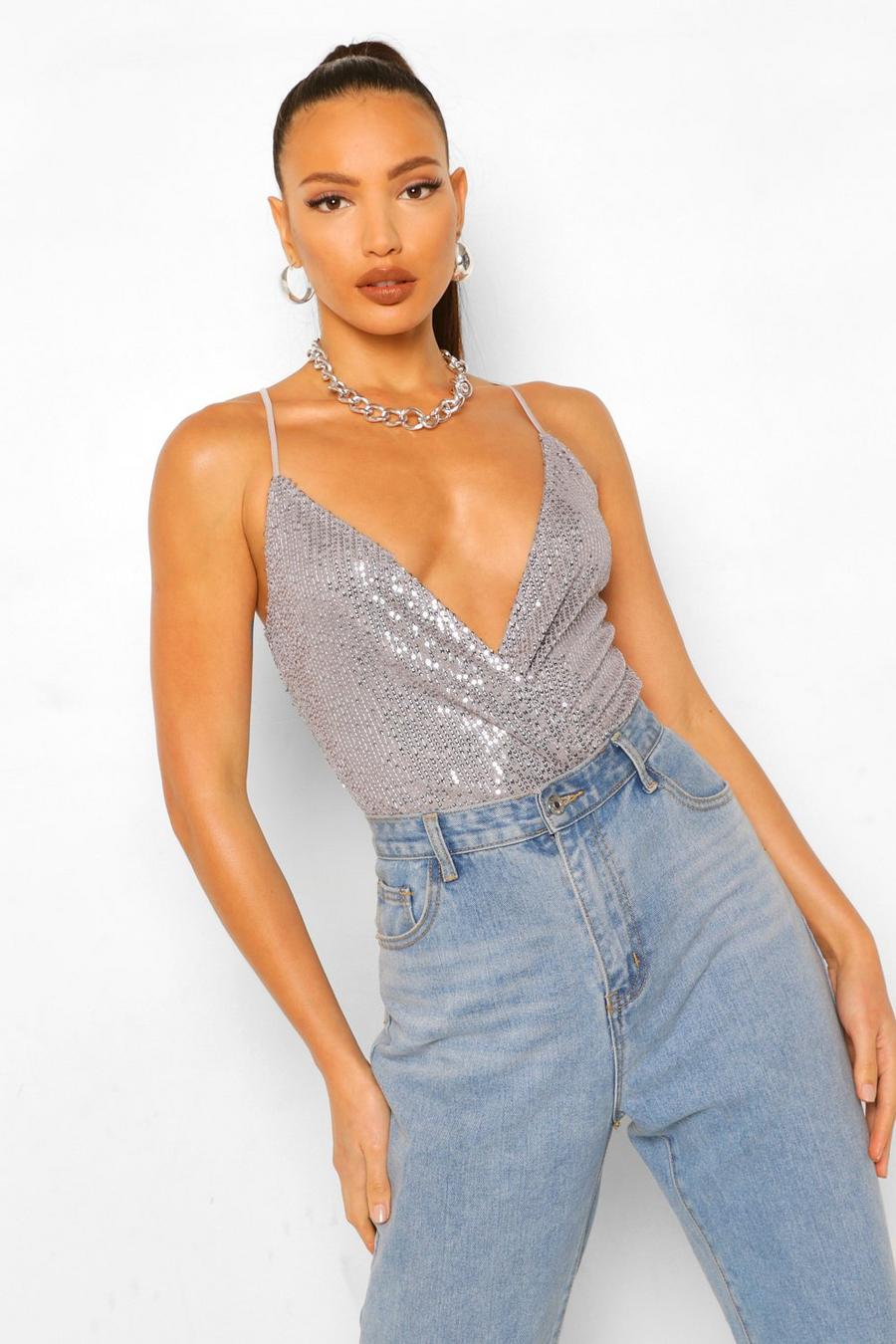 Silver Tall Sequin Wrap Bodysuit image number 1