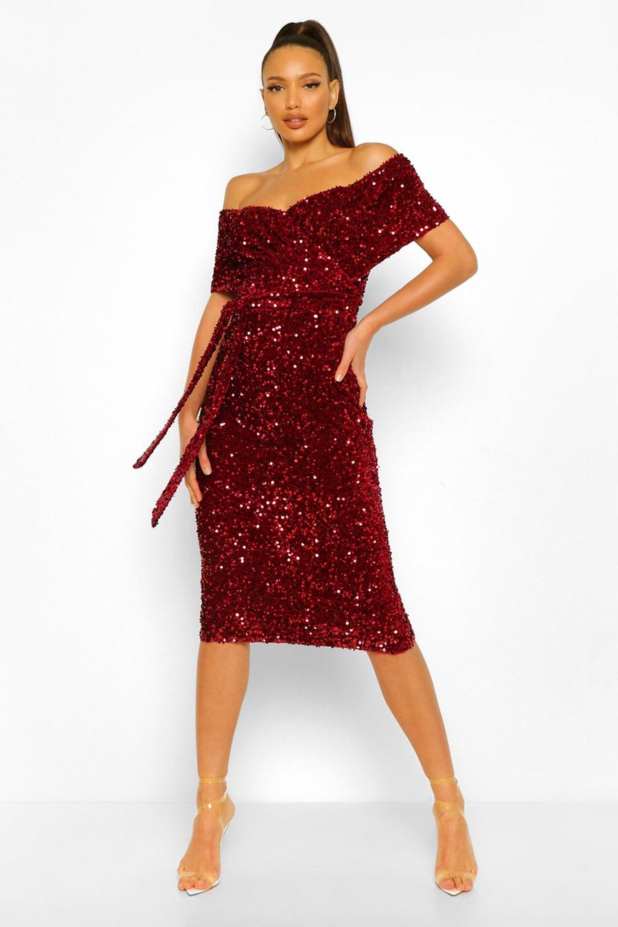 Berry Tall Sequin Bardot Belted Midi Dress image number 1
