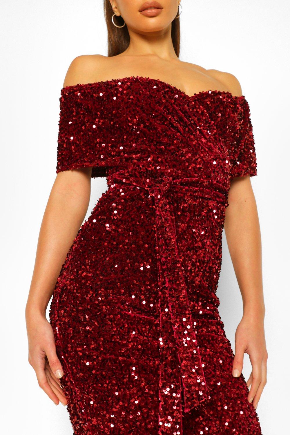 red sequin bardot dress