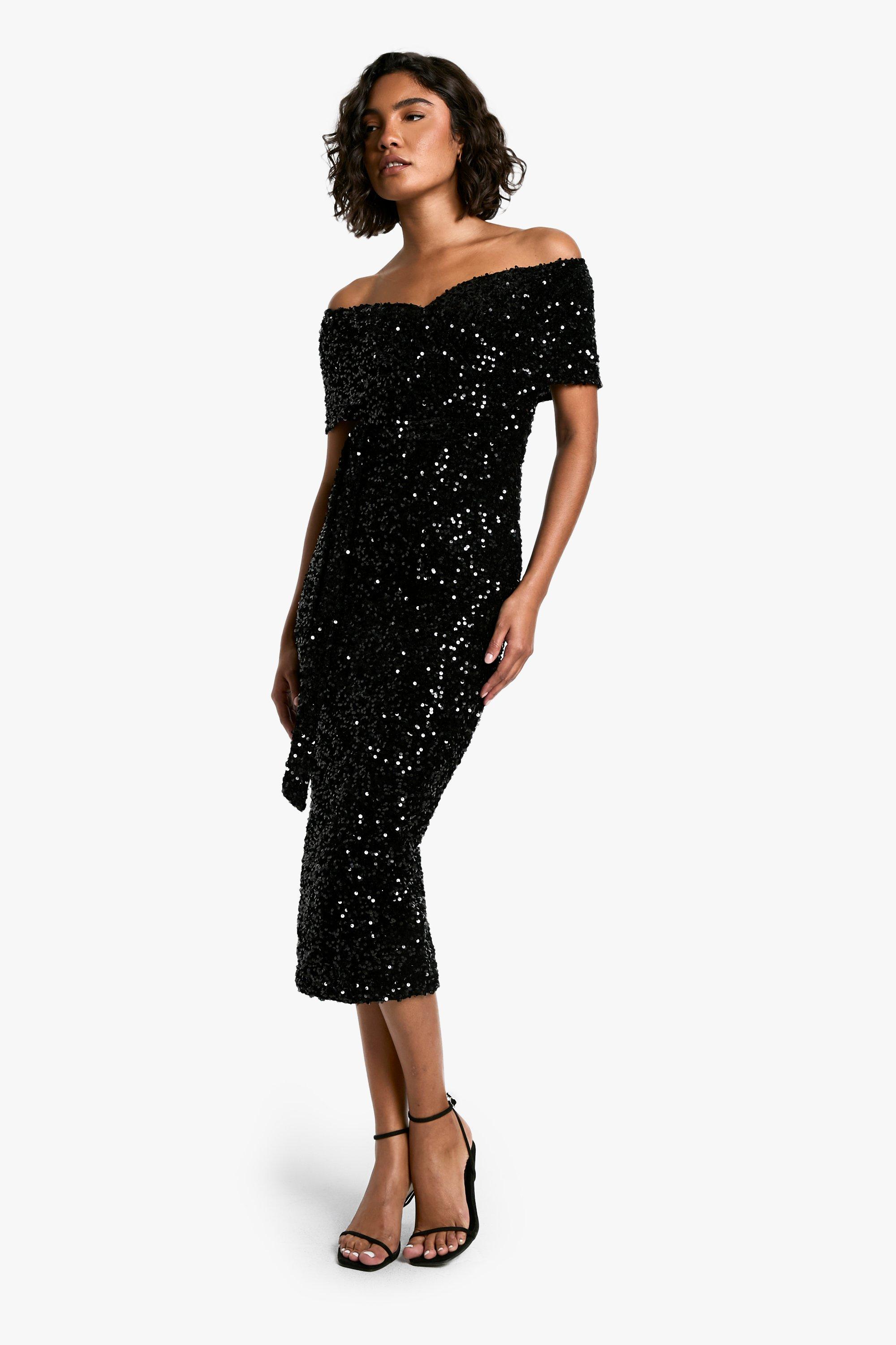 Tall Sequin Off The Shoulder Belted Midi Dress | boohoo USA