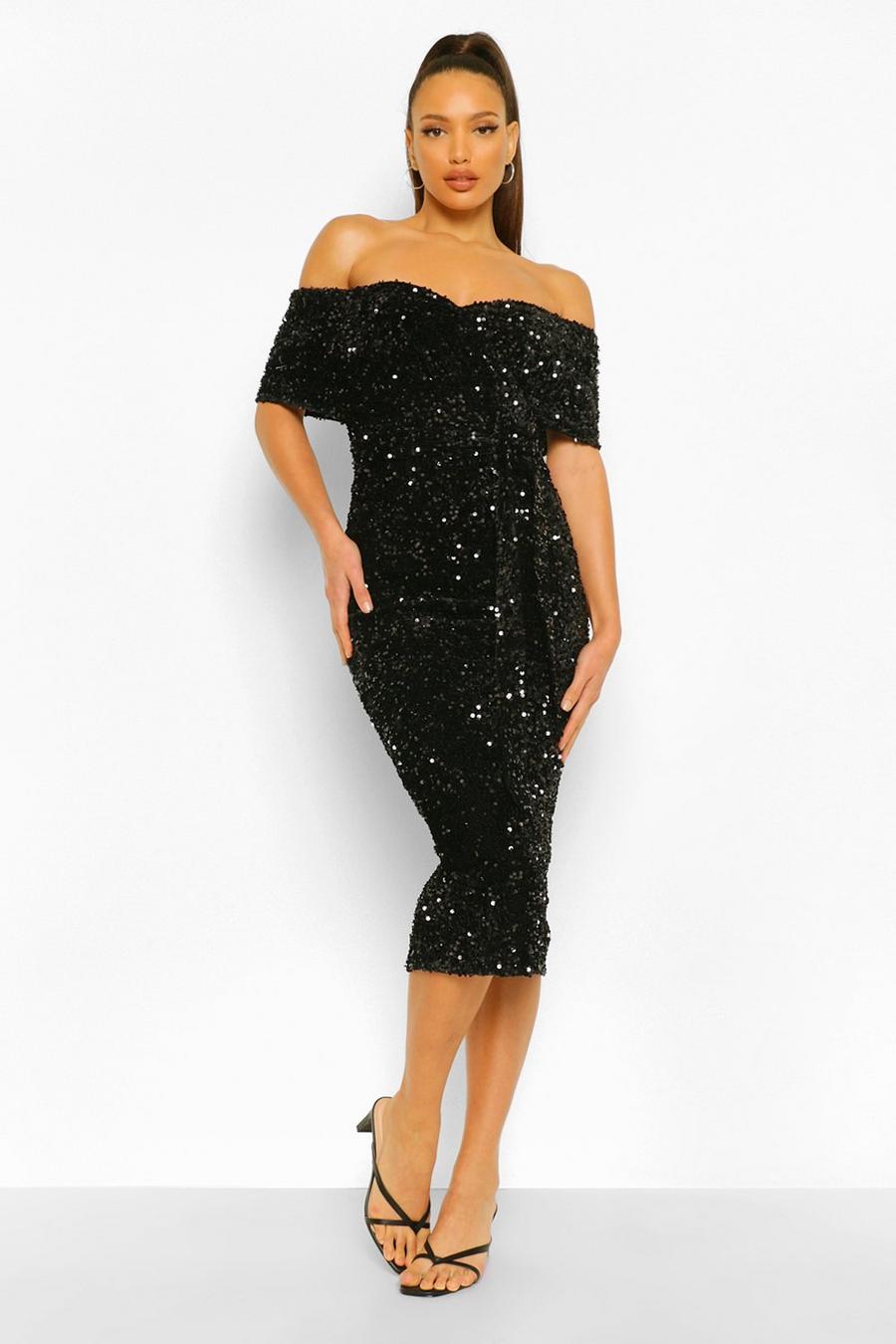 Black Tall Sequin Off The Shoulder Belted Midi Dress image number 1