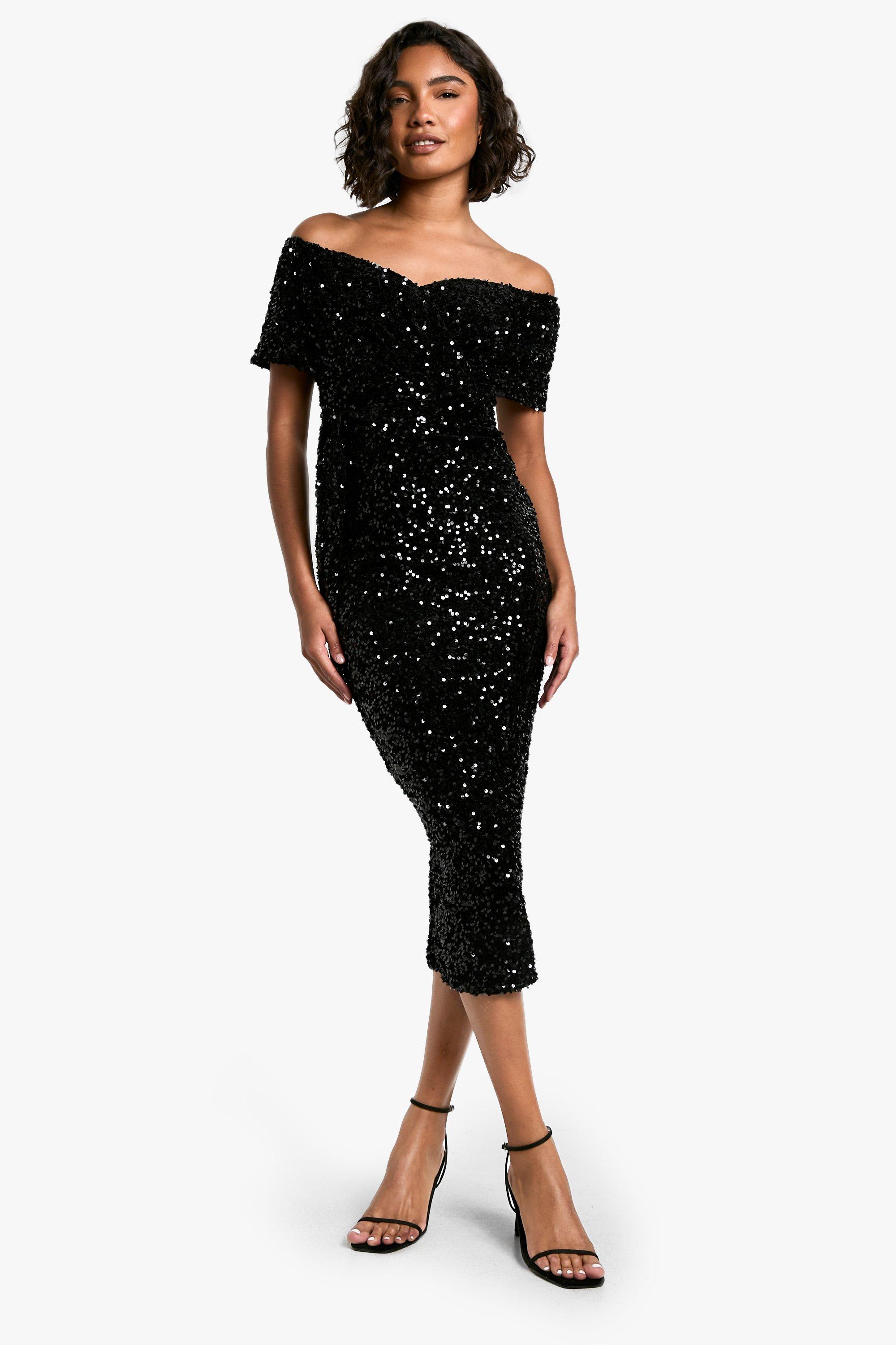 Tall Robe paillettes mi longue col bardot et ceinture