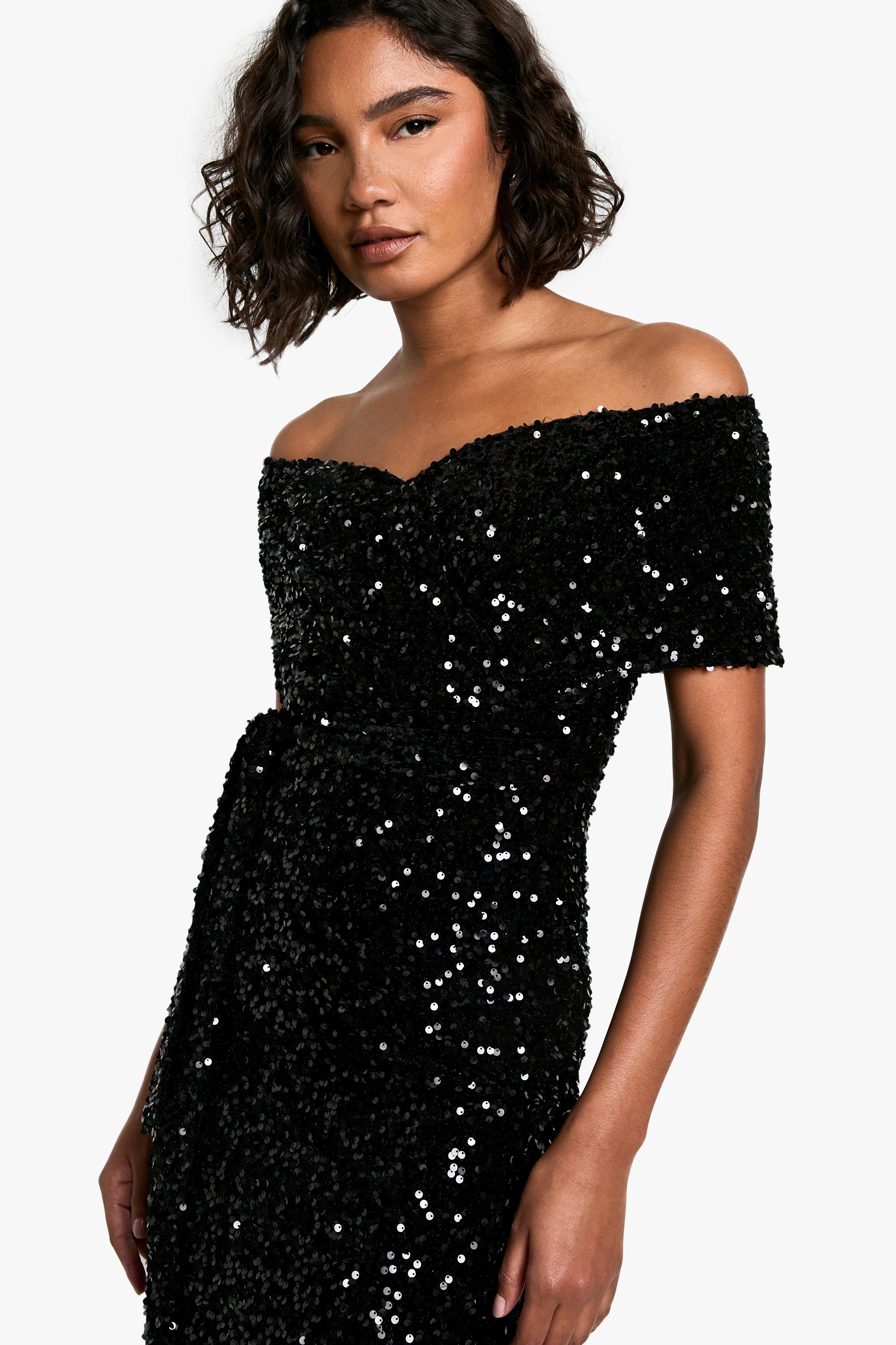 Black sequin bardot outlet dress