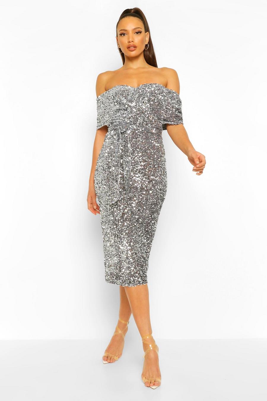 Silver Tall Sequin Bardot Belted Midi Dress