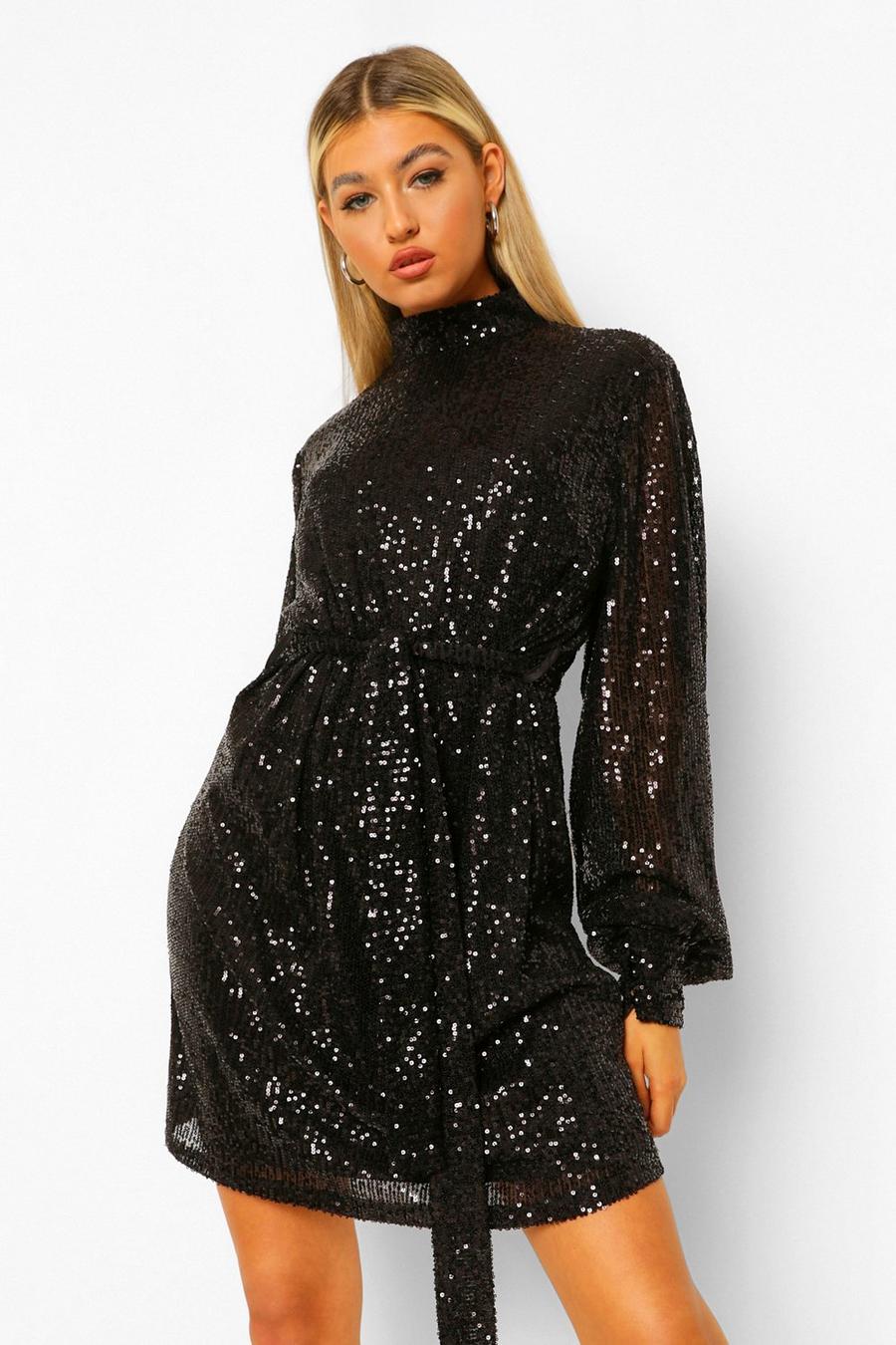 Black Tall Sequin Belted Balloon Sleeve Mini Dress image number 1