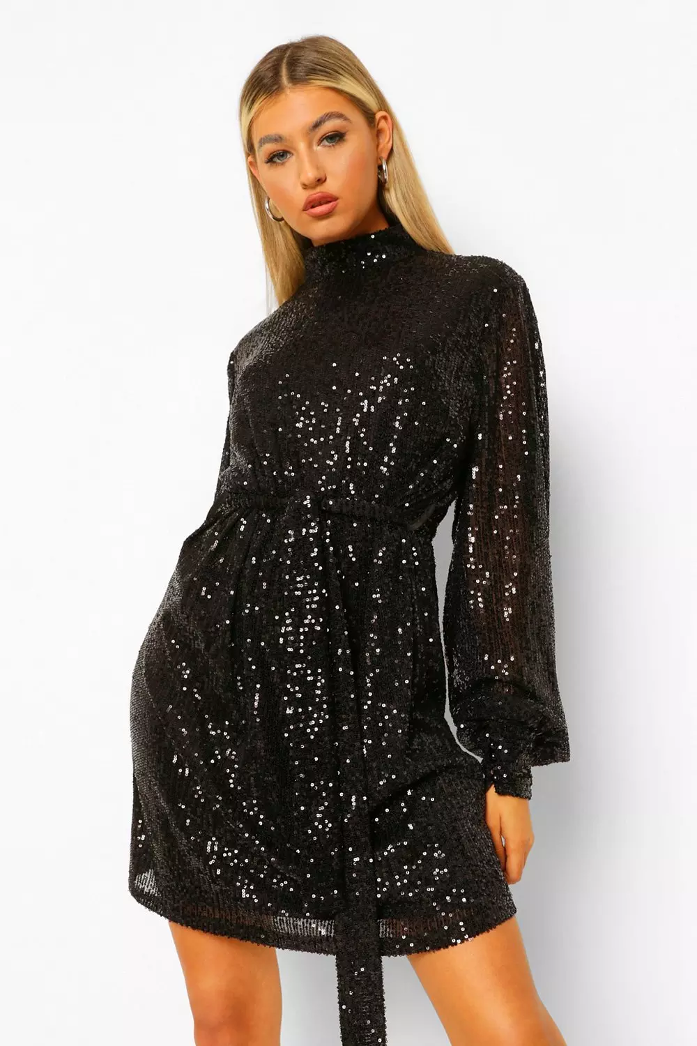 Tall Robe Paillettes Courte Ceinturee A Manches Ballon Boohoo