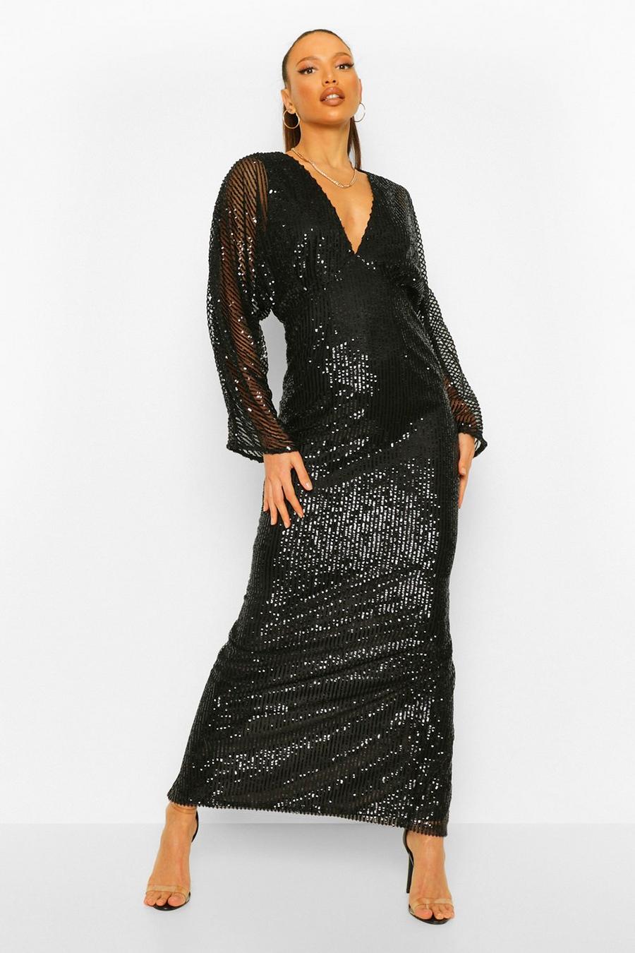 Black Tall Sequin Batwing Sleeve Maxi Dress image number 1