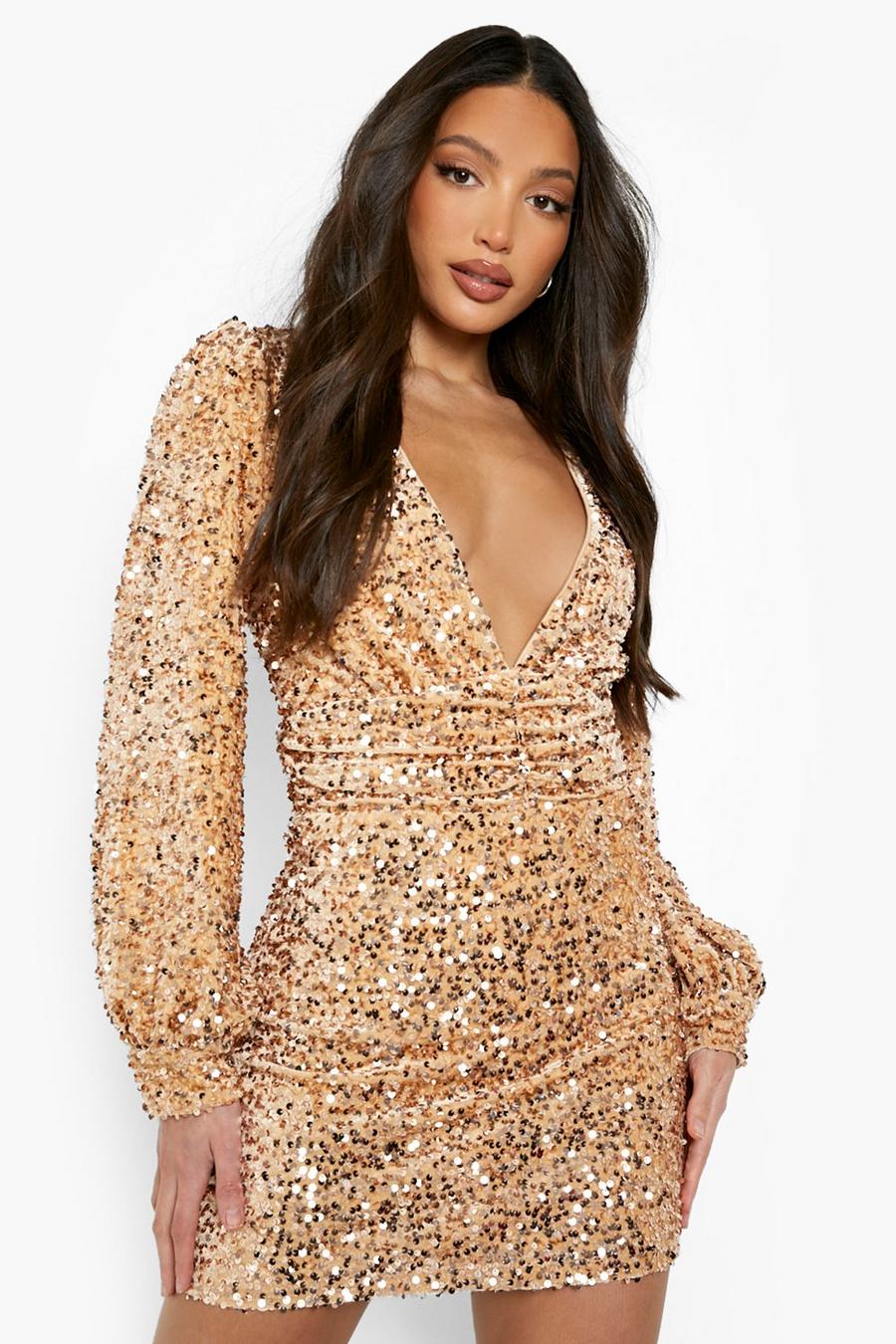 Gold Tall Sequin Balloon Sleeve Plunge Mini Dress image number 1