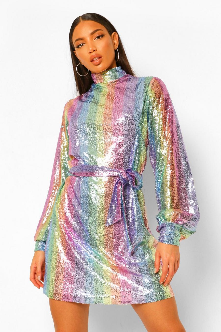 Multi Tall Rainbow Sequin Belted Balloon Sleeve Dress image number 1