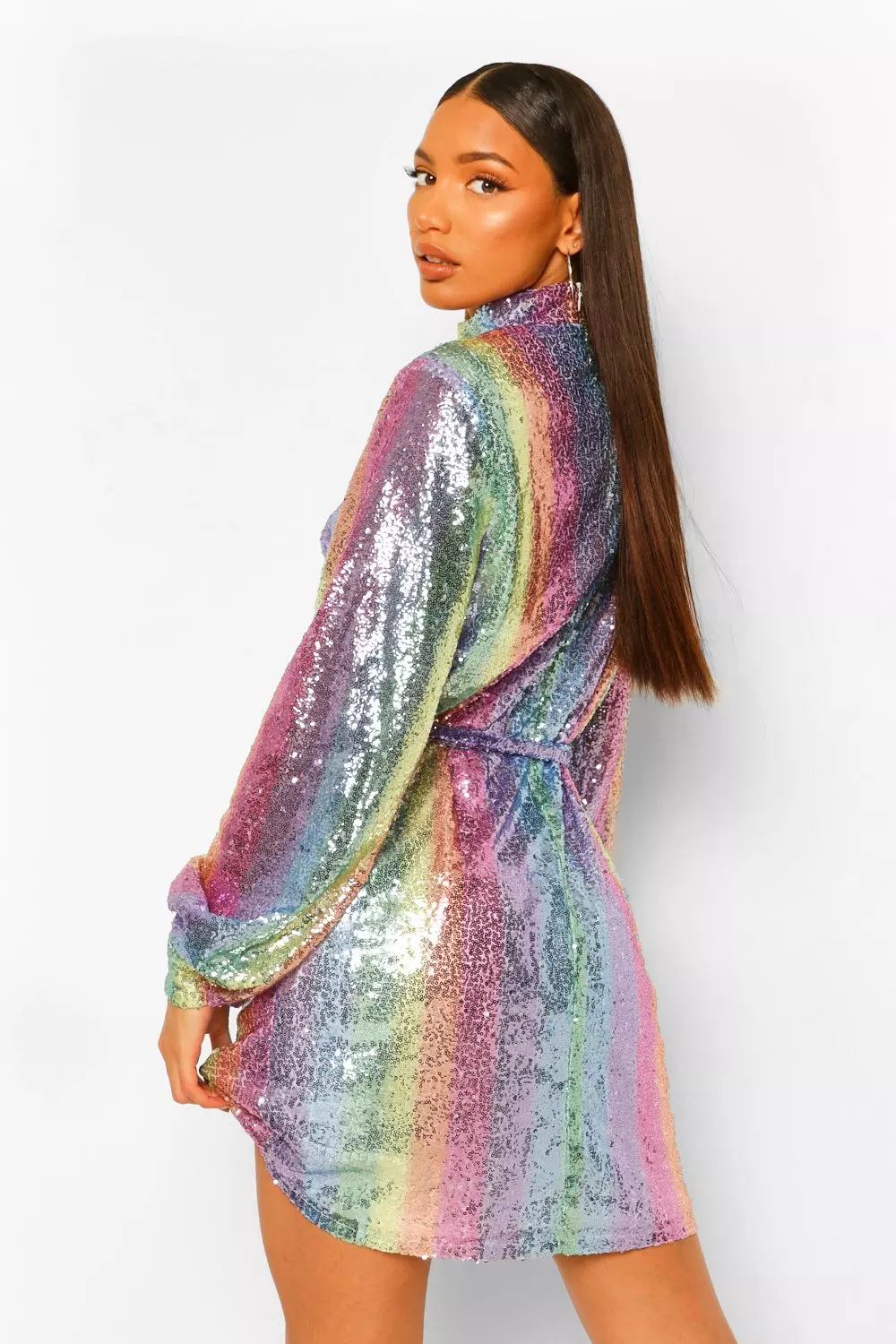 Tall Rainbow Sequin Belted Balloon Sleeve Dress