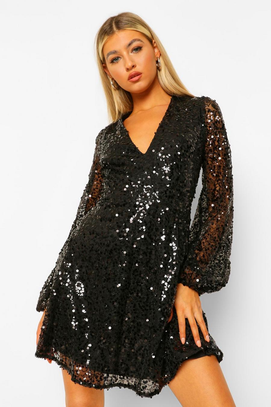 Black Tall Sequin Belted Balloon Sleeve Skater Dress image number 1