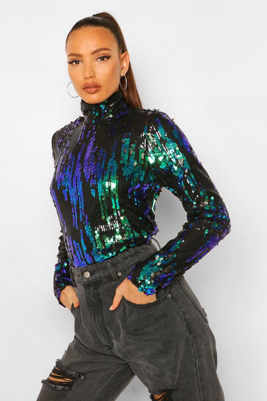 Black Tall Contrast Sequin Long Sleeve High Neck Top