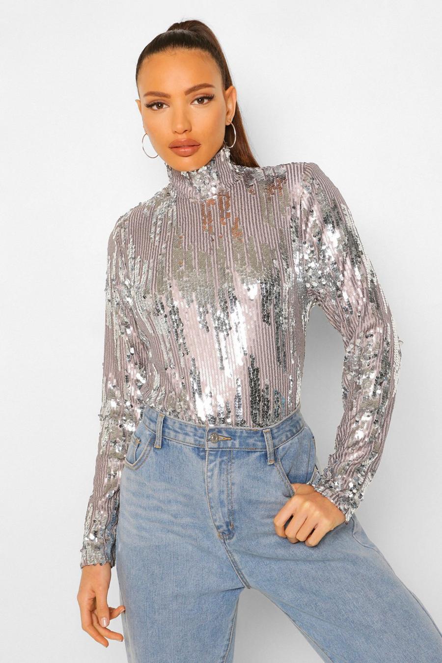 Grey grå Tall Contrast Sequin Long Sleeve High Neck Top image number 1
