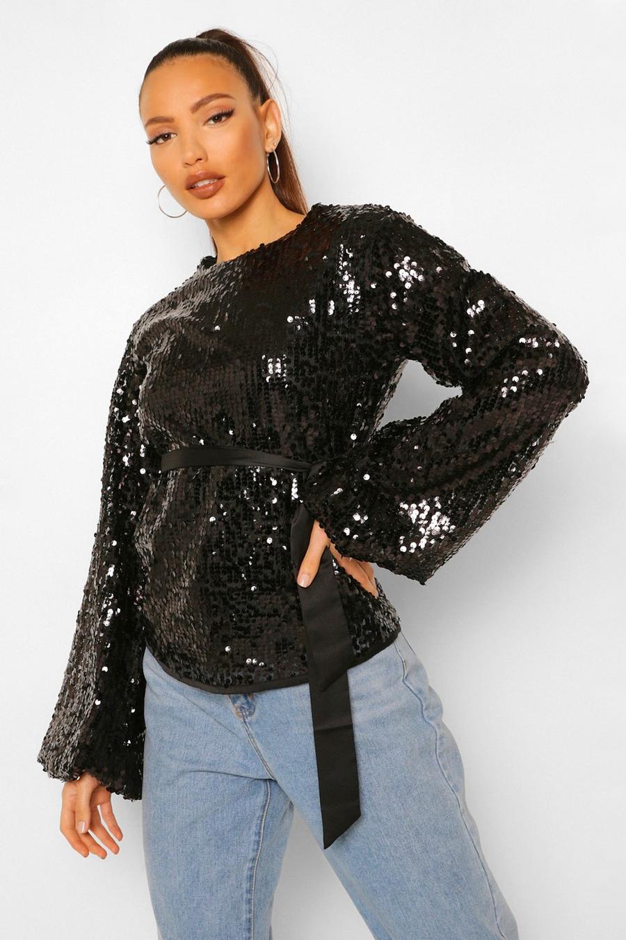 Black Tall Sequin Balloon Sleeve Belted Top image number 1