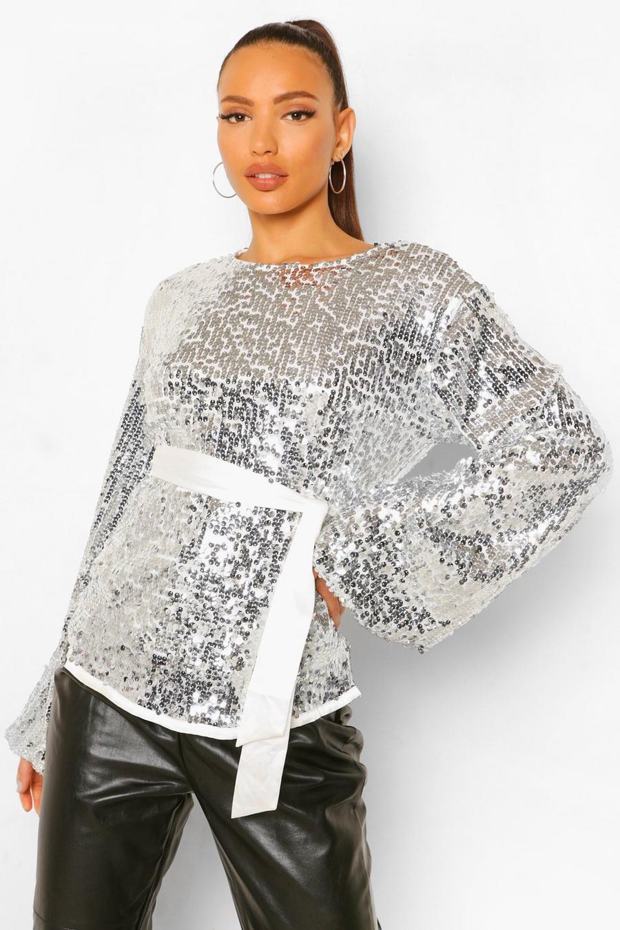 Silver Tall Sequin Balloon Sleeve Belted Top image number 1