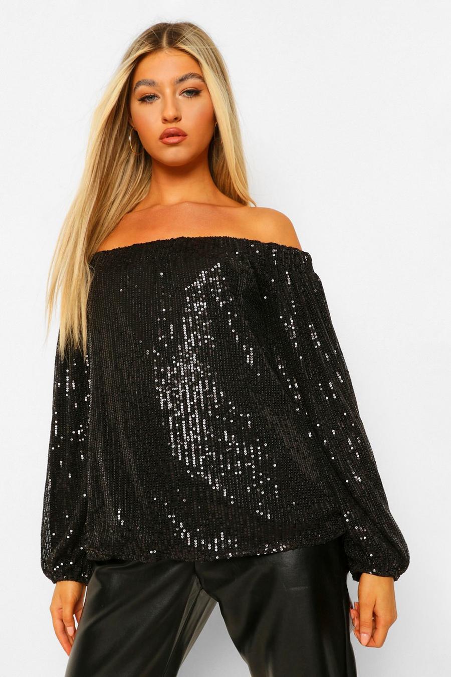 Black Tall Sequin Off The Shoulder Long Sleeve Top