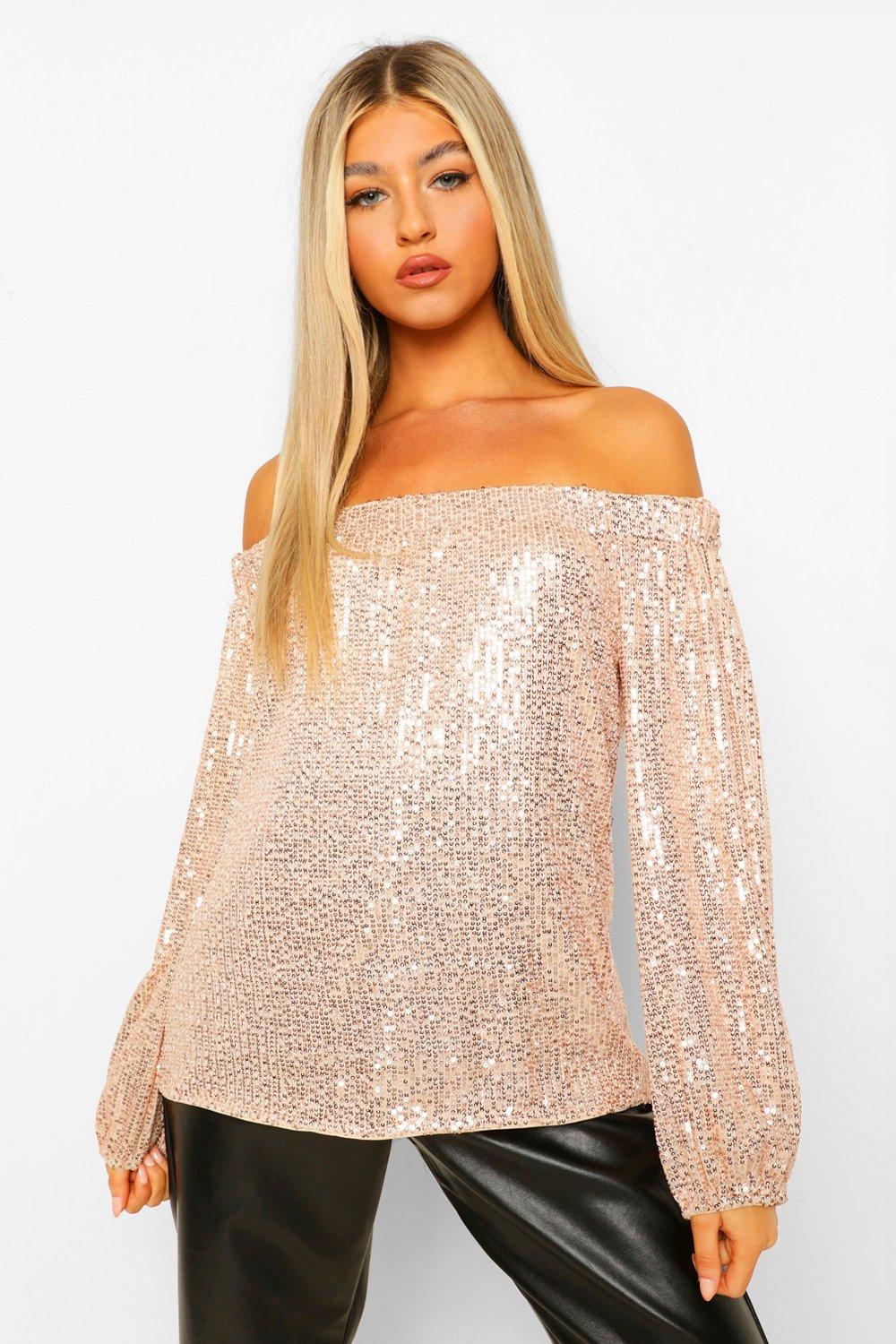 Black Tall Sequin Off The Shoulder Long Sleeve Top