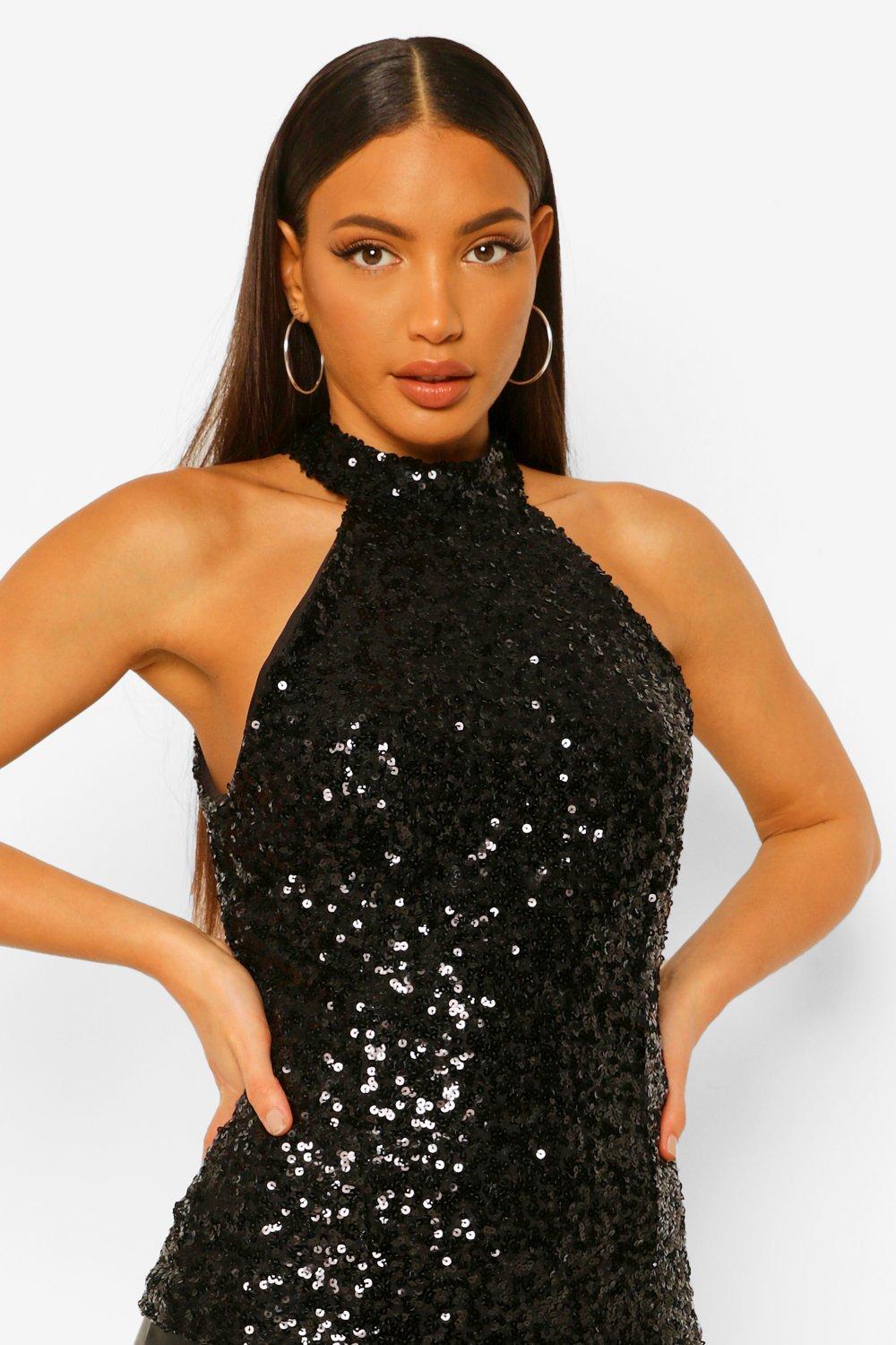 Black glitter halter neck top on sale